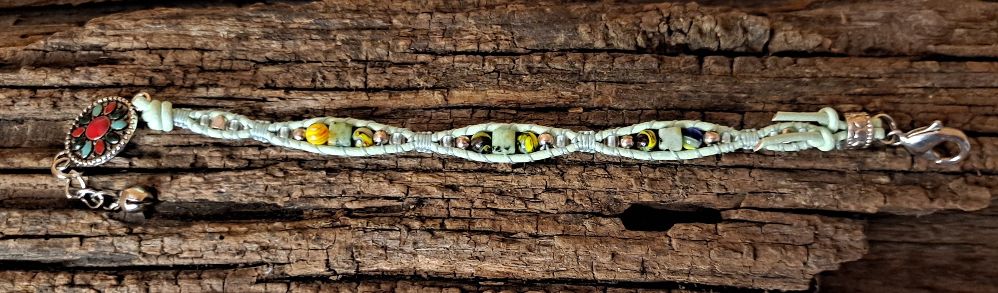 Bracelet Handmade, Single Wrap Leather Bracelet, Glass Beads (J53)