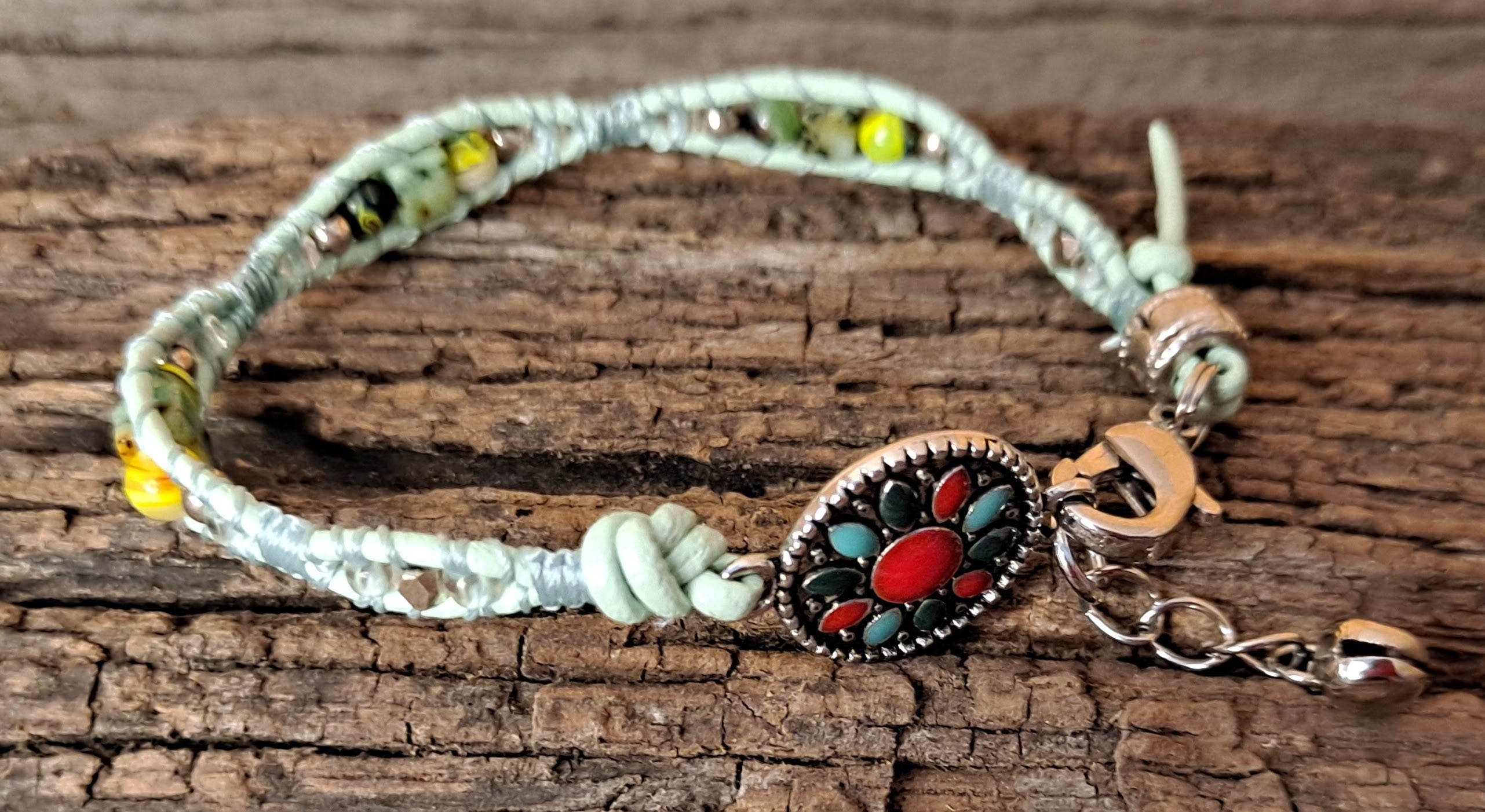 Bracelet Handmade, Single Wrap Leather Bracelet, Glass Beads (J53)