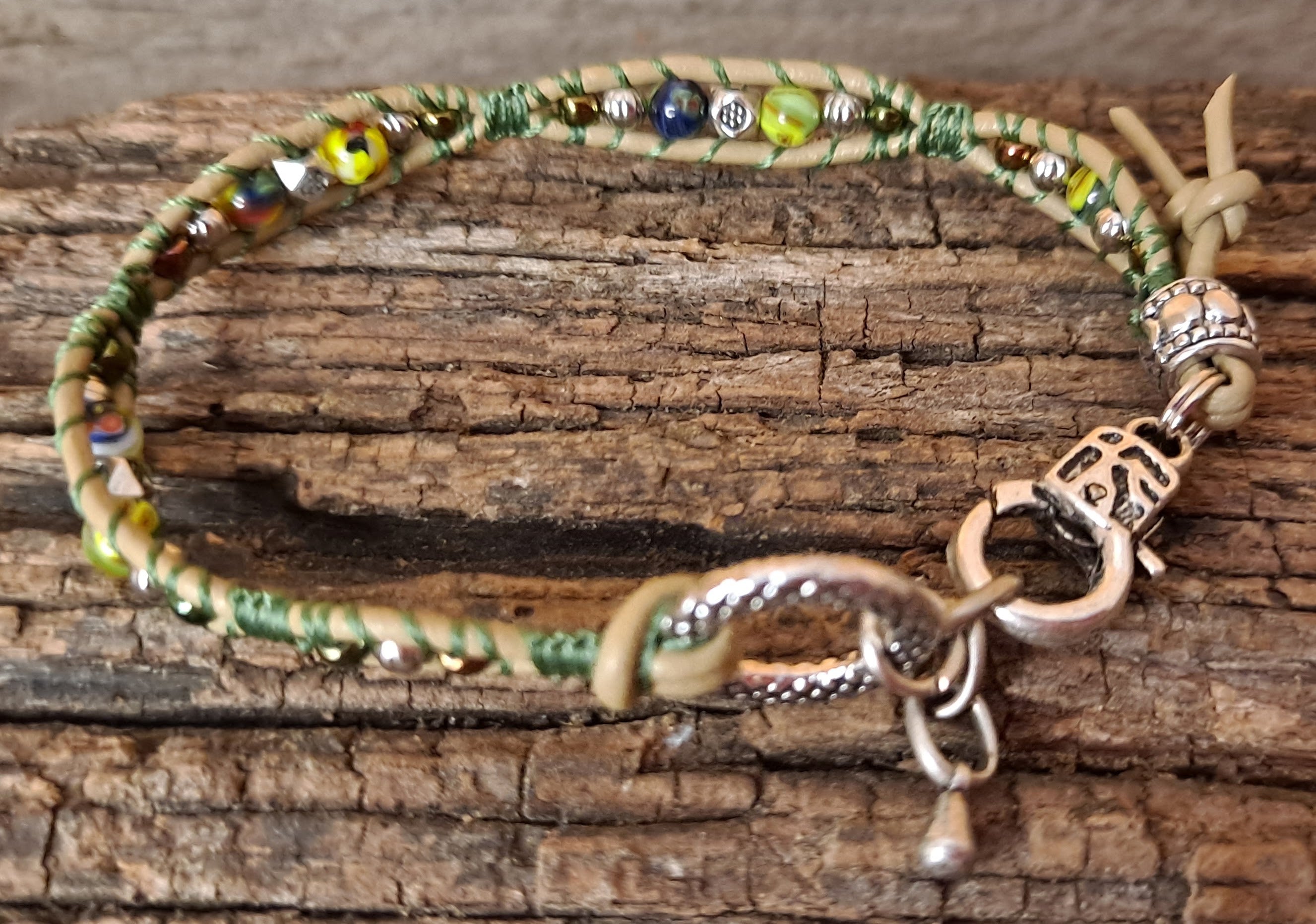 Bracelet Handmade, Single Wrap Leather Bracelet, Glass Beads (G2)