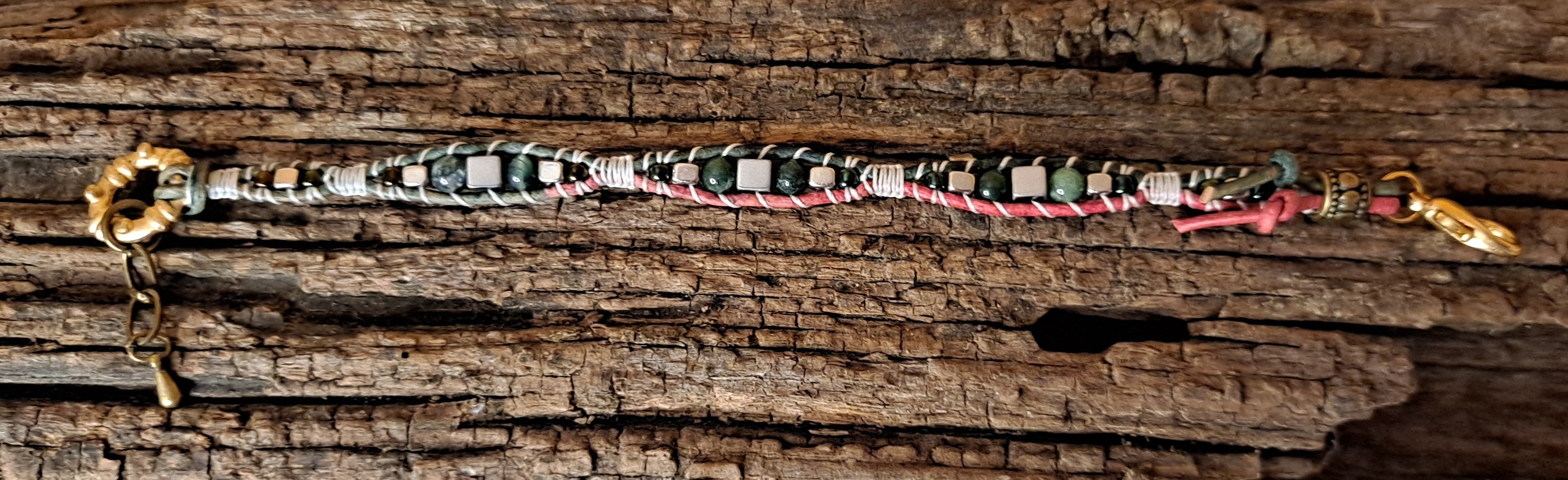 Bracelet Handmade, Single Wrap Leather Bracelet, Agate Beads (J1)