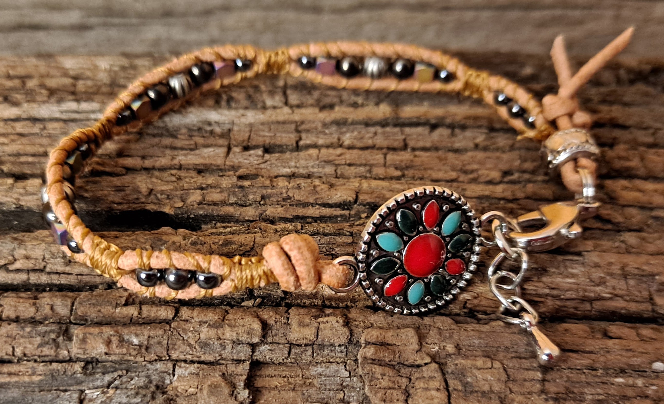 Bracelet Handmade, Single Wrap Leather Bracelet, Hematite Beads (J64)