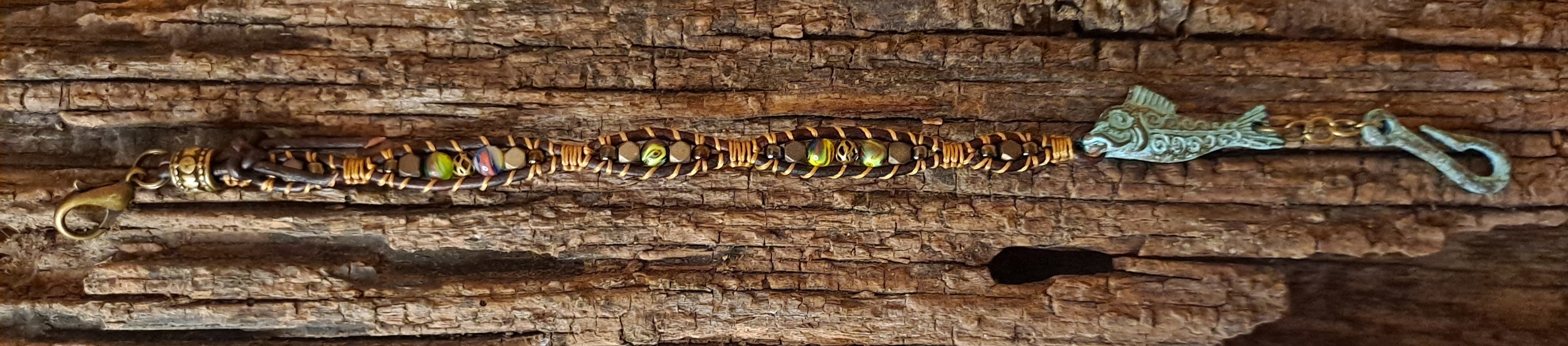 Bracelet Handmade, Single Wrap Leather Bracelet, Glass Beads (J56)