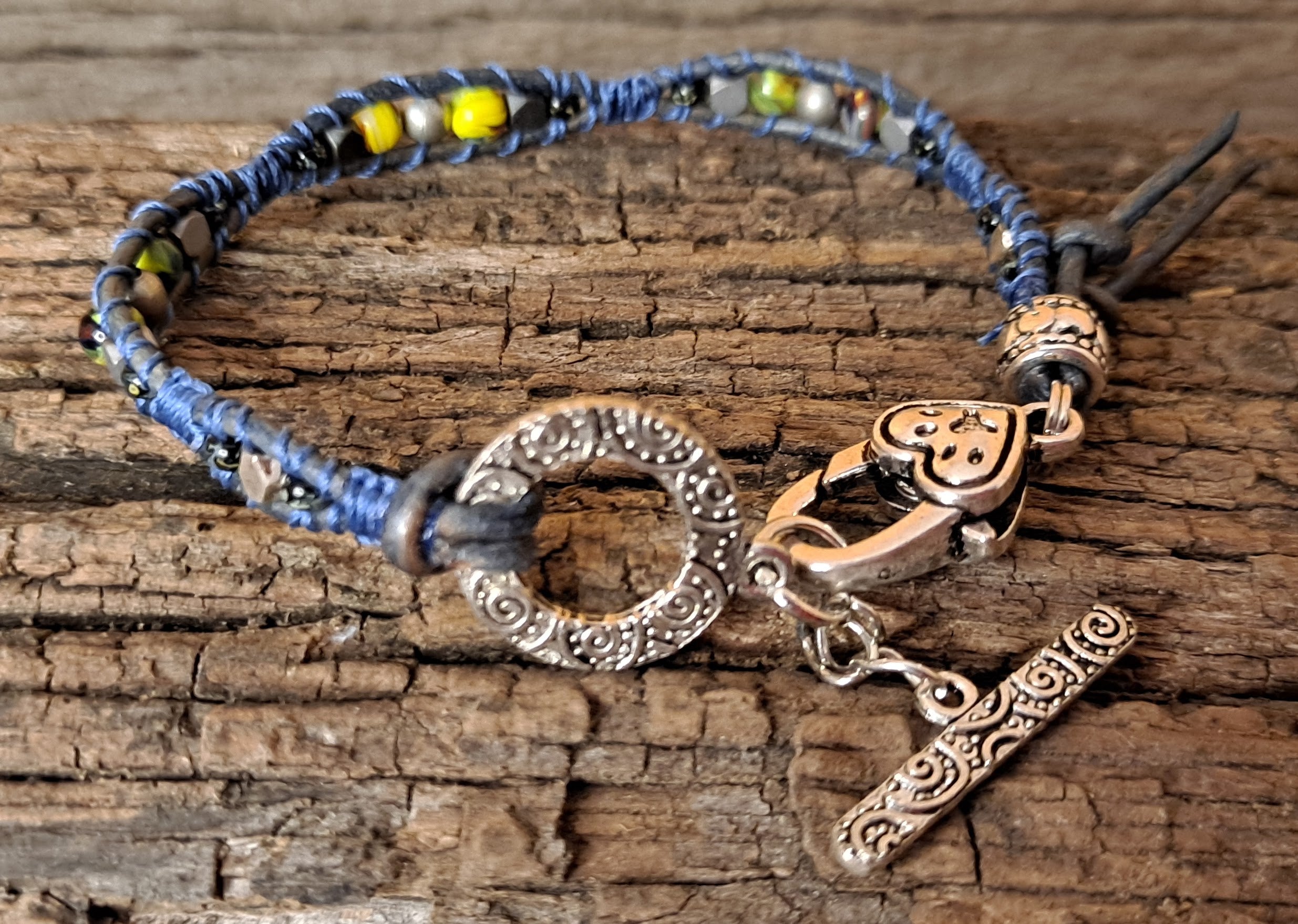 Bracelet Handmade, Single Wrap Leather Bracelet, Glass Beads (J54)