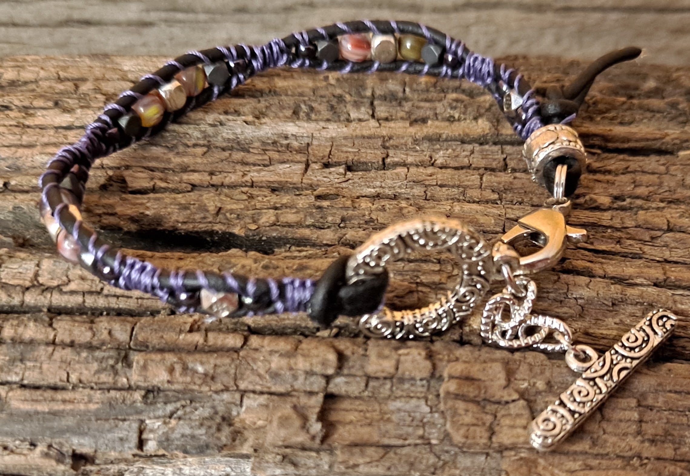 Bracelet Handmade, Single Wrap Leather Bracelet, Glass Beads (C49)