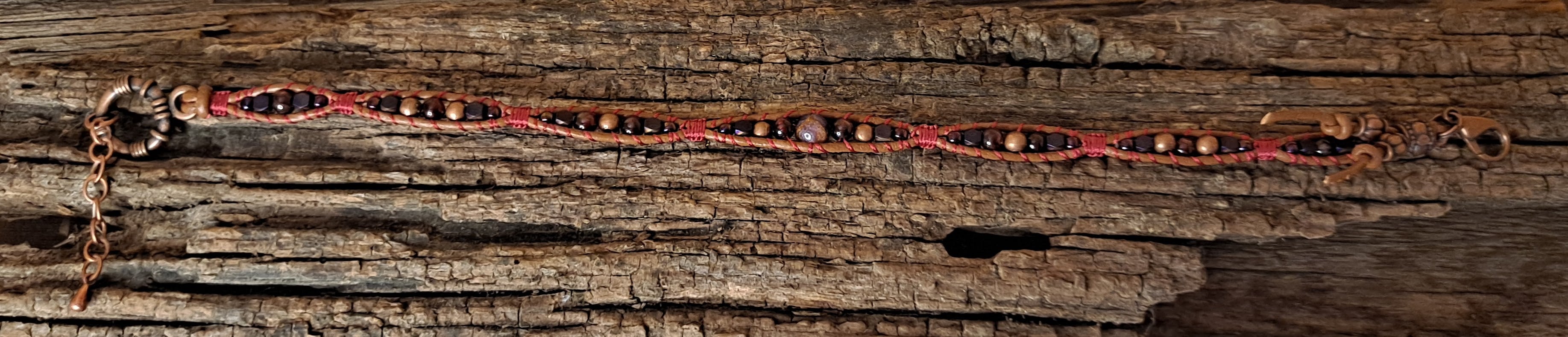 Anklet Handmade, Single Wrap Leather Anklet, Rhodolite Beads (J33)