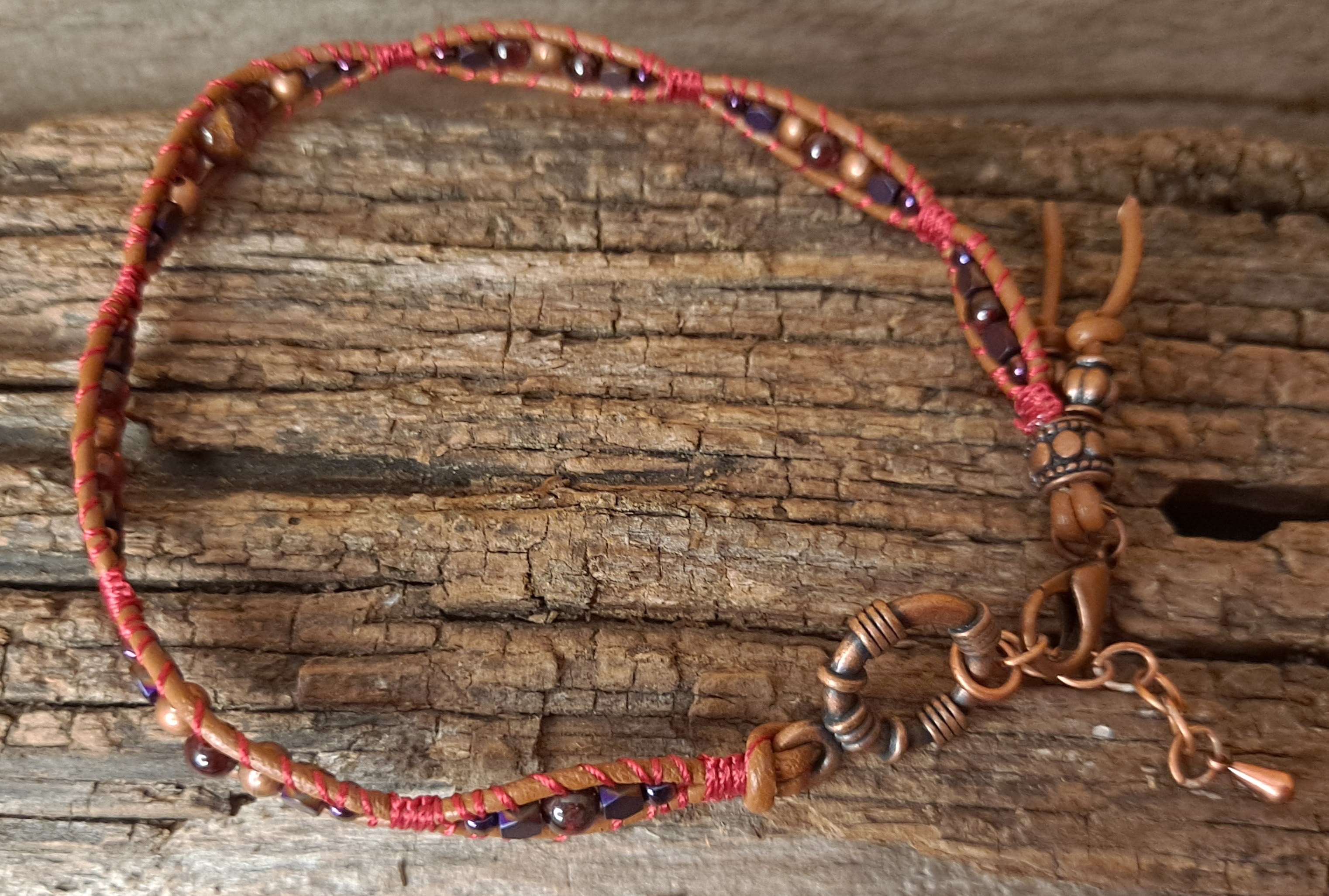 Anklet Handmade, Single Wrap Leather Anklet, Rhodolite Beads (J33)