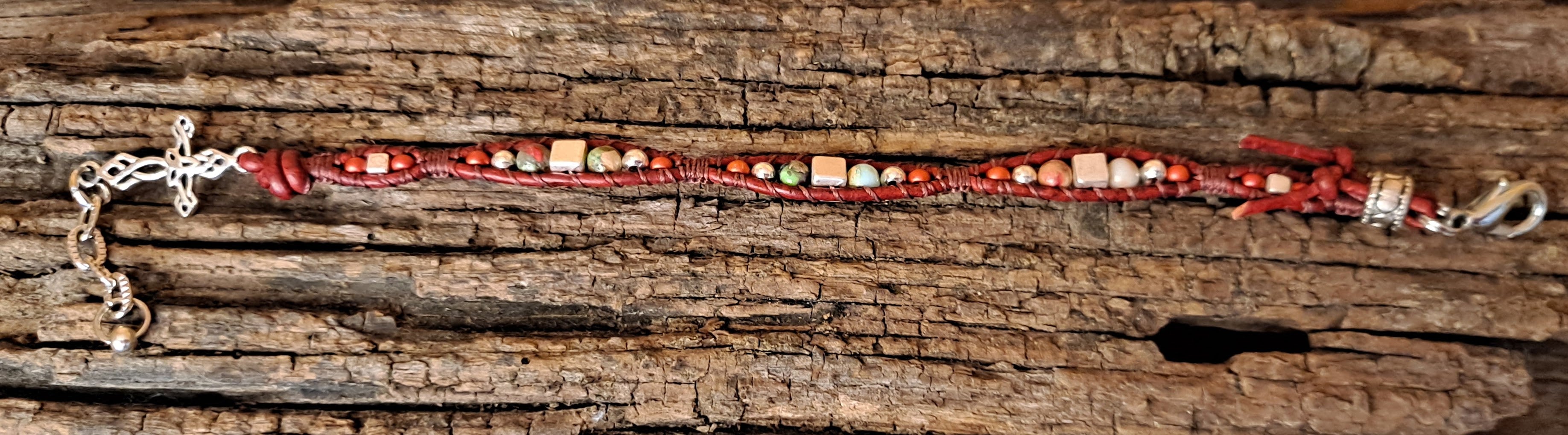 Bracelet Handmade, Single Wrap Leather Bracelet, Jasper Beads (E37)