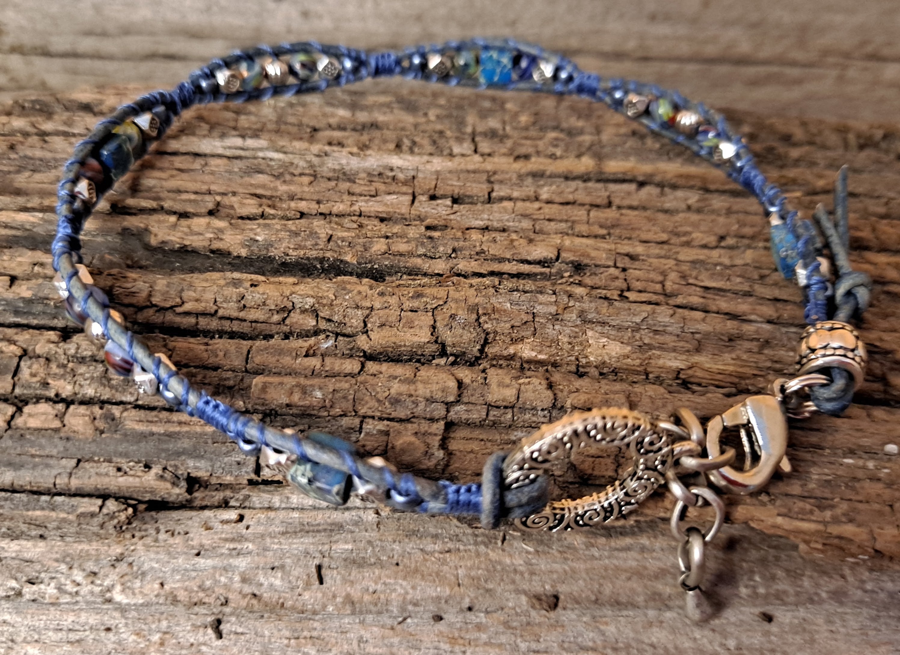Anklet Handmade, Single Wrap Leather Anklet, Glass Beads (J69)