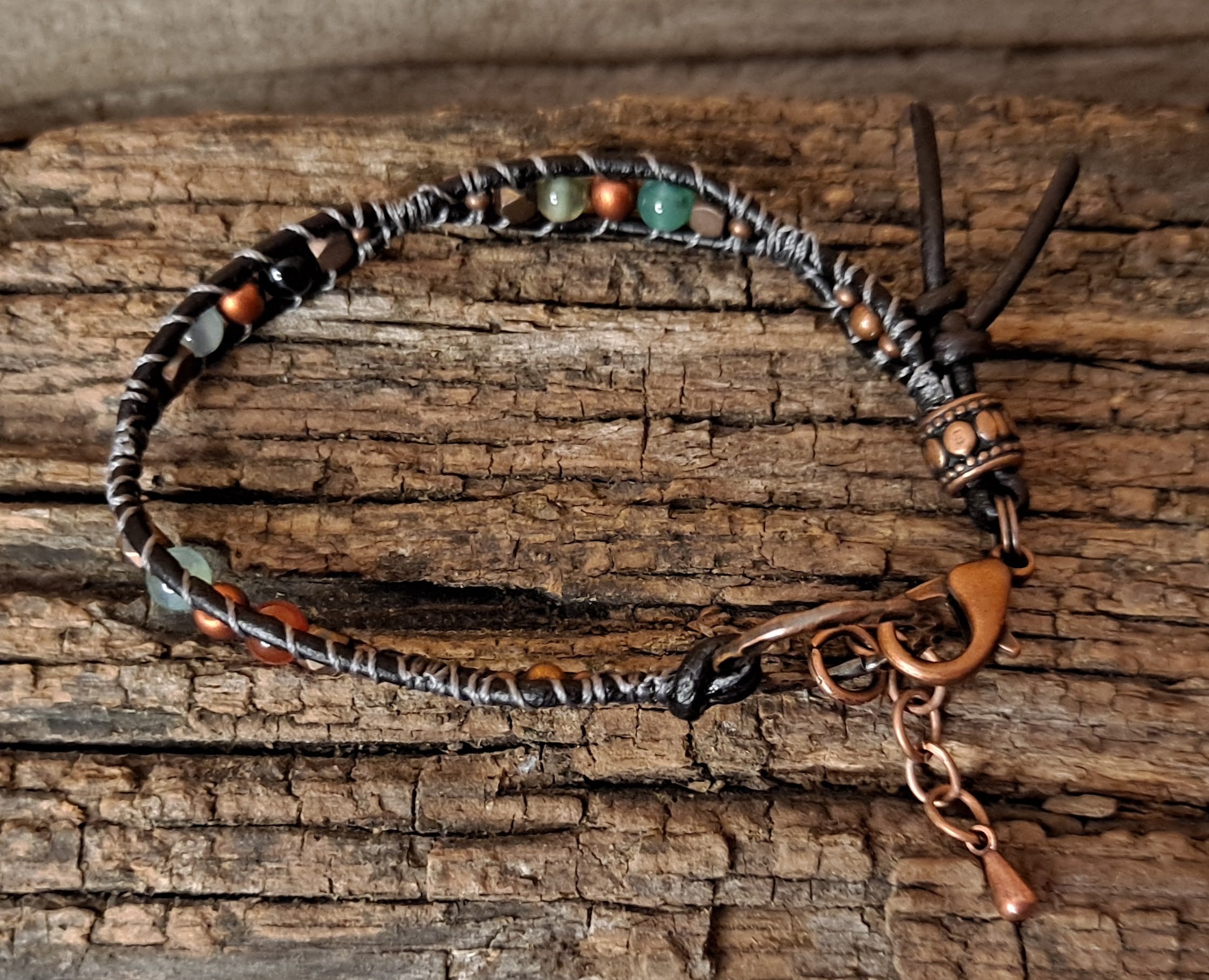Bracelet Handmade, Single Wrap Leather Bracelet, Agate Beads (E39)
