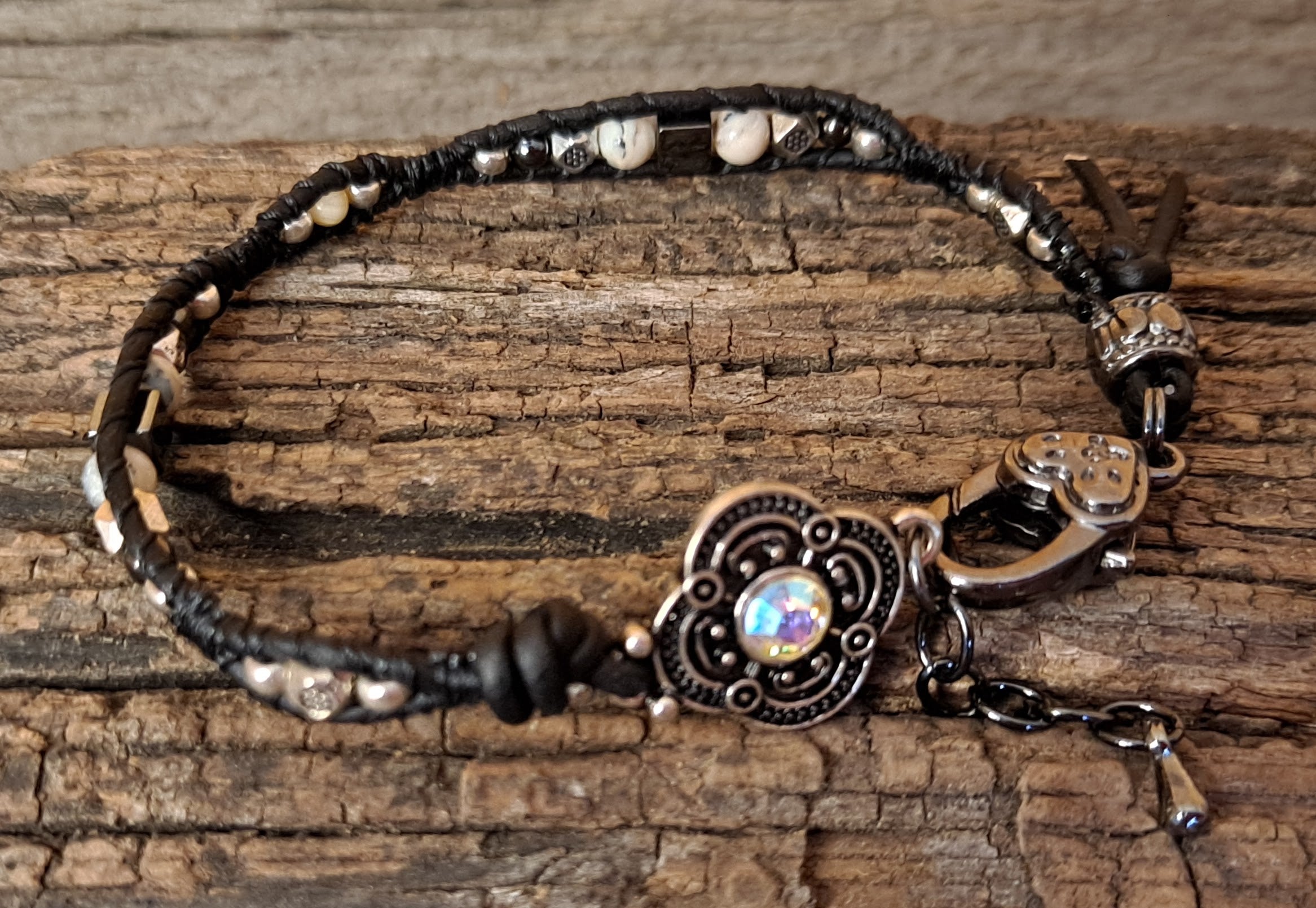 Bracelet Handmade, Single Wrap Leather Bracelet, Opal Beads (C24)