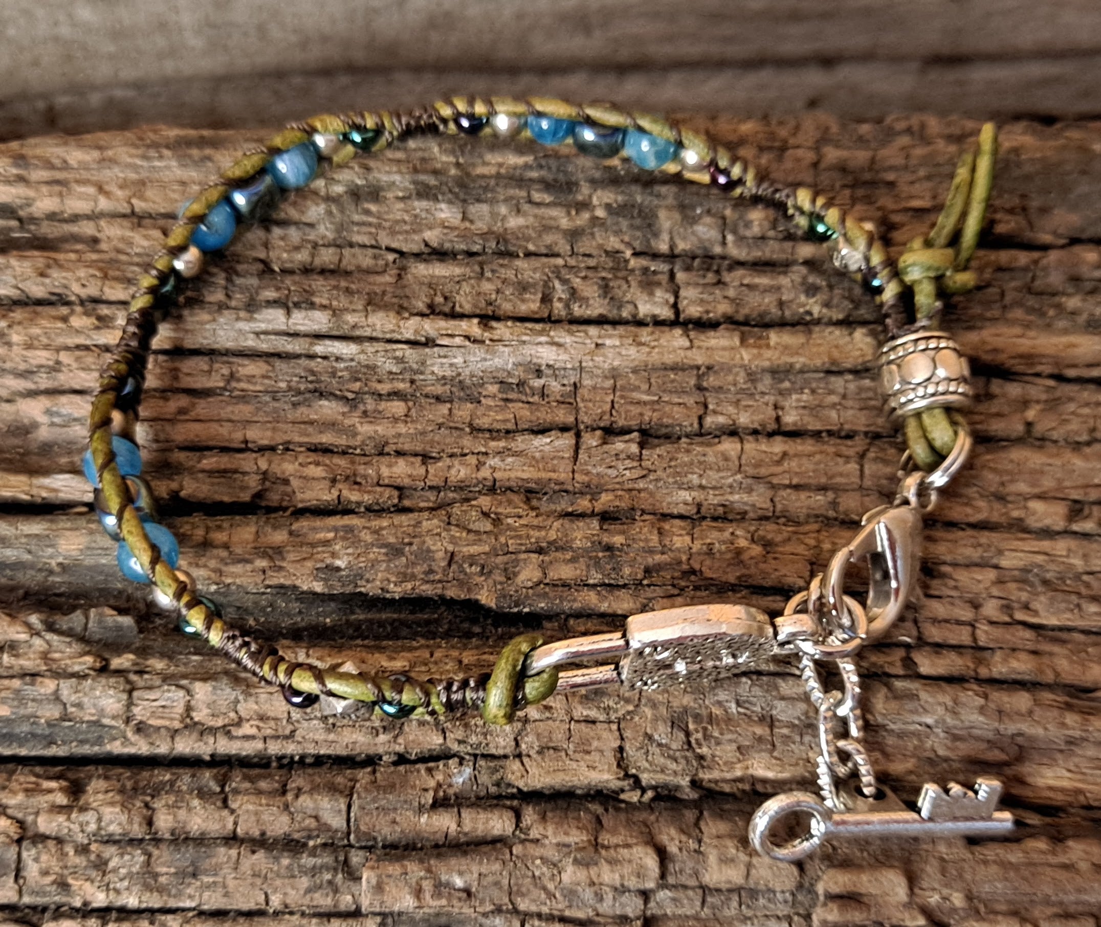 Bracelet Handmade, Single Wrap Leather Bracelet, Apatite Beads (E48)