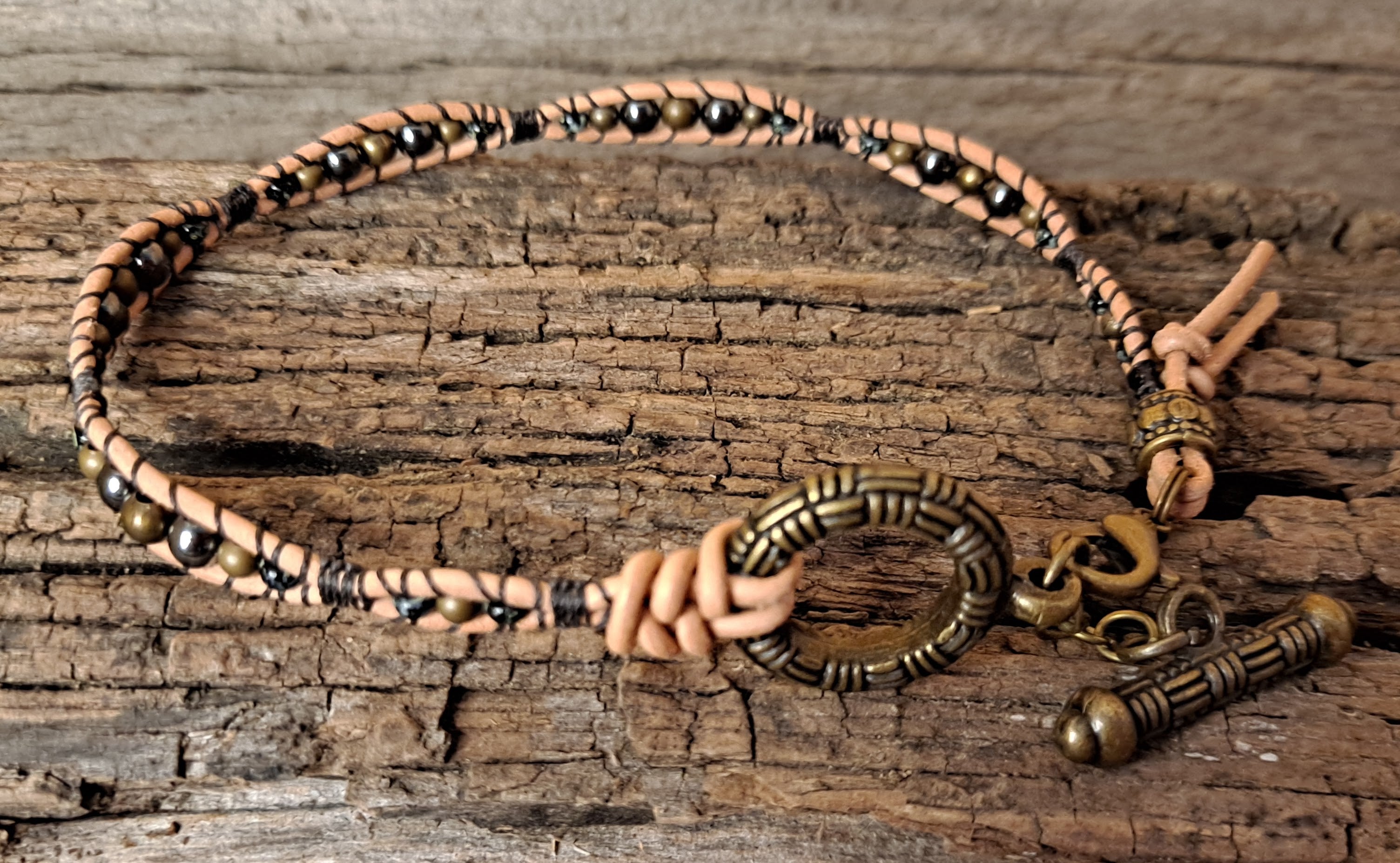 Anklet Handmade, Single Wrap Leather Anklet, Hematite Beads (D17)