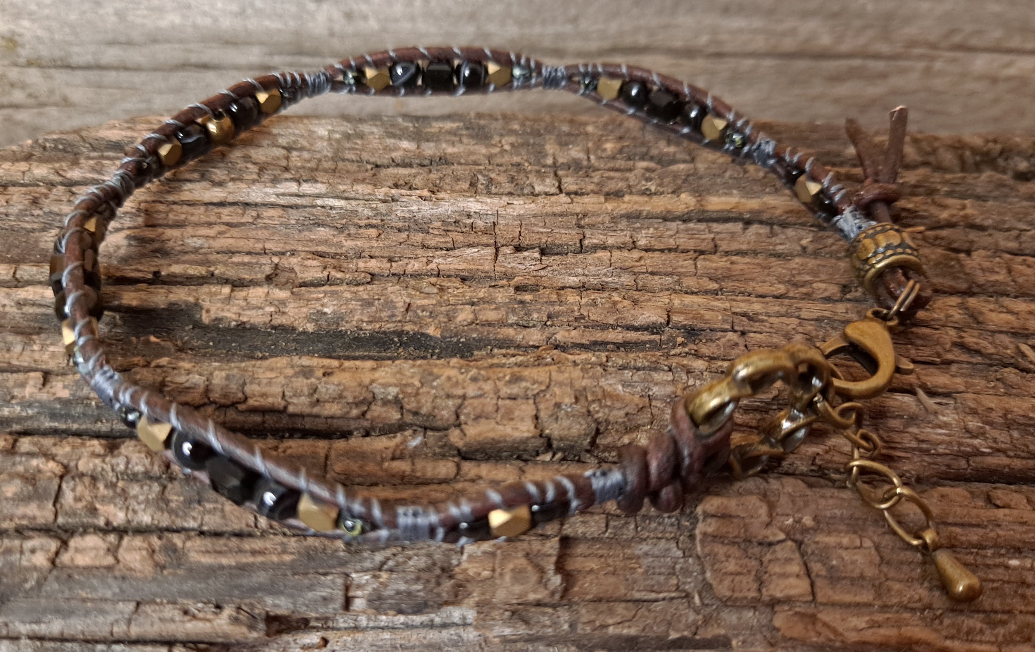 Anklet Handmade, Single Wrap Leather Anklet, Sardonyx Beads (E43)