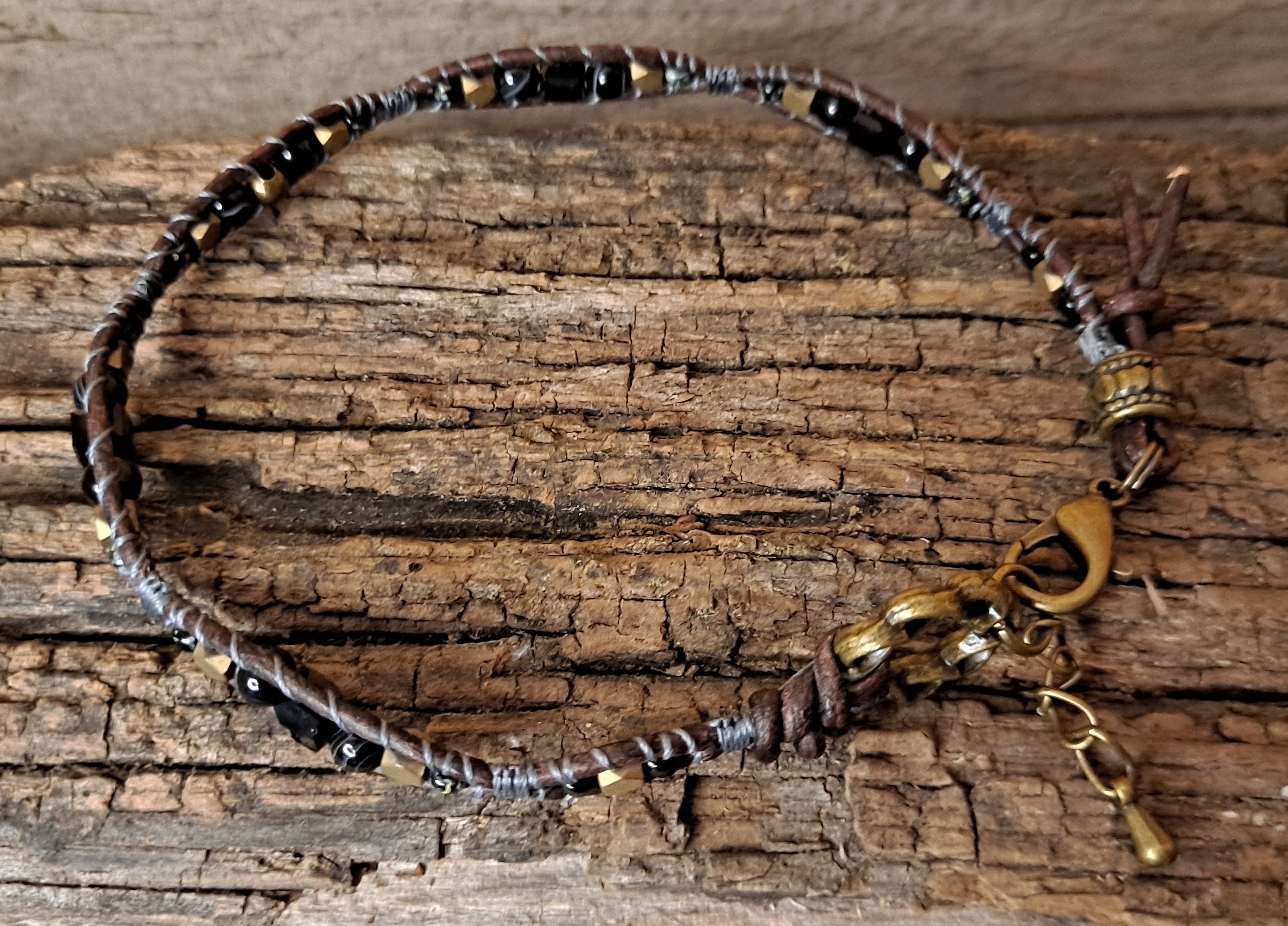 Anklet Handmade, Single Wrap Leather Anklet, Sardonyx Beads (E43)