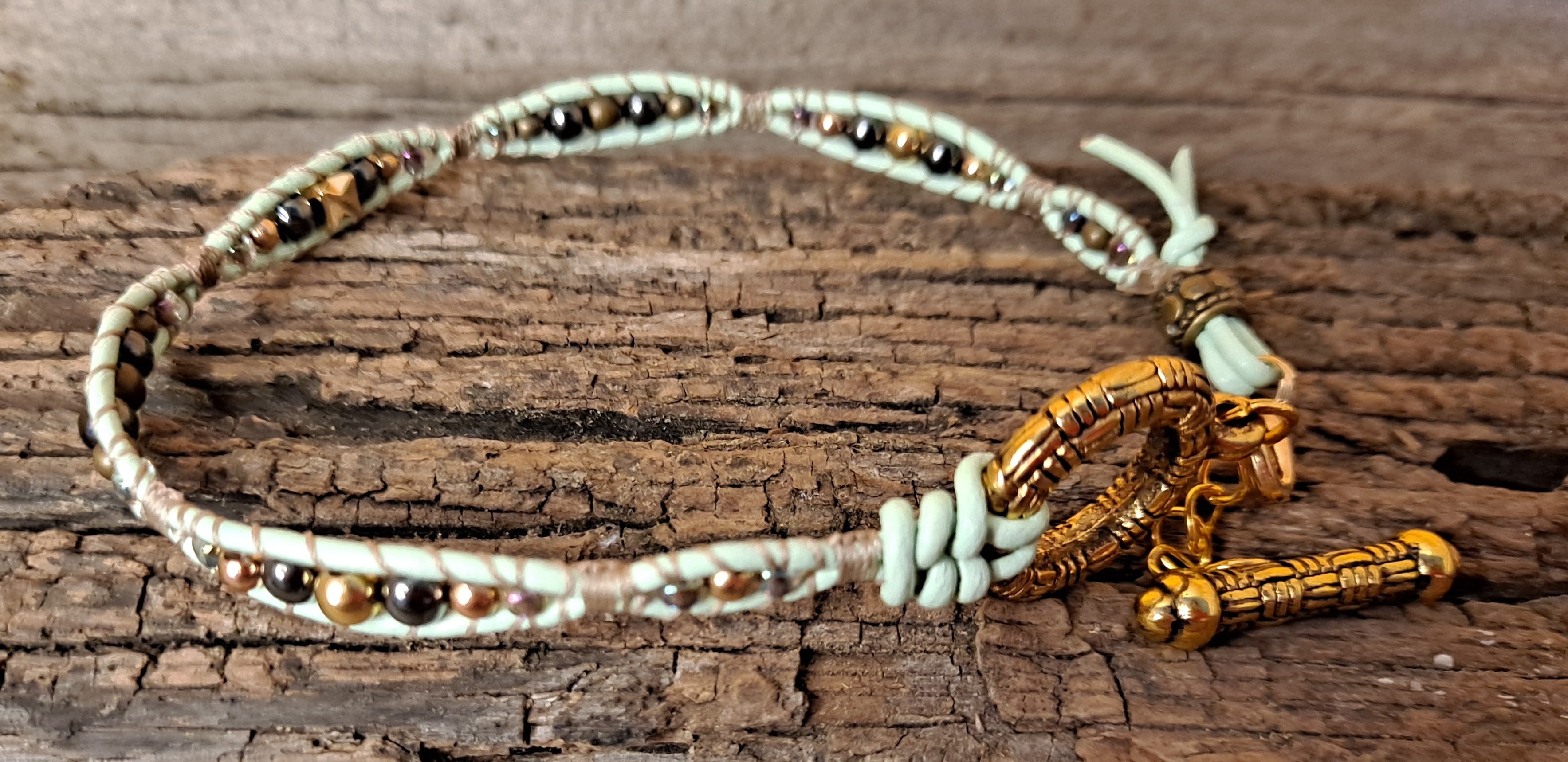 Anklet Handmade, Single Wrap Leather Anklet, Hematite Beads (E04)