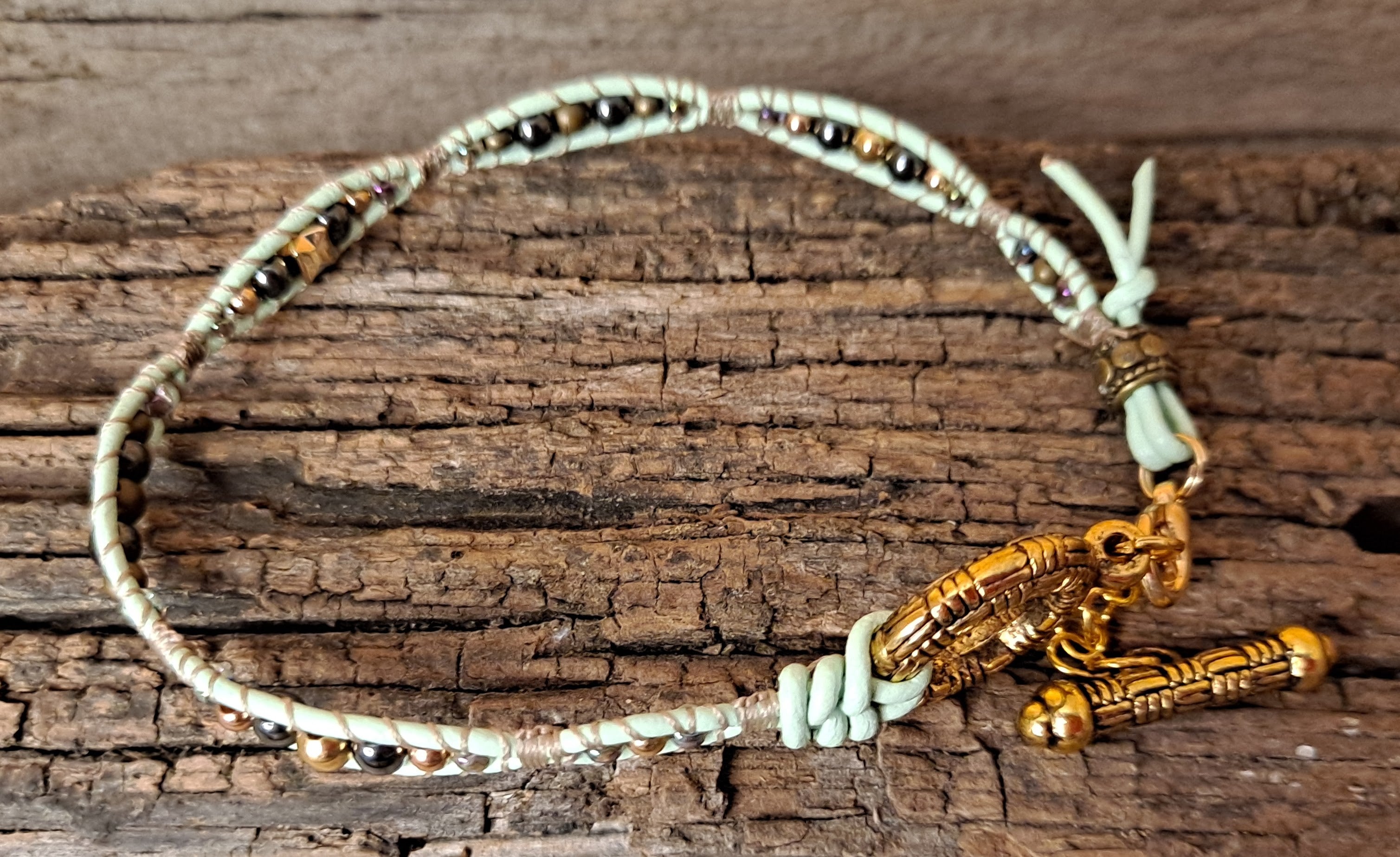 Anklet Handmade, Single Wrap Leather Anklet, Hematite Beads (E04)
