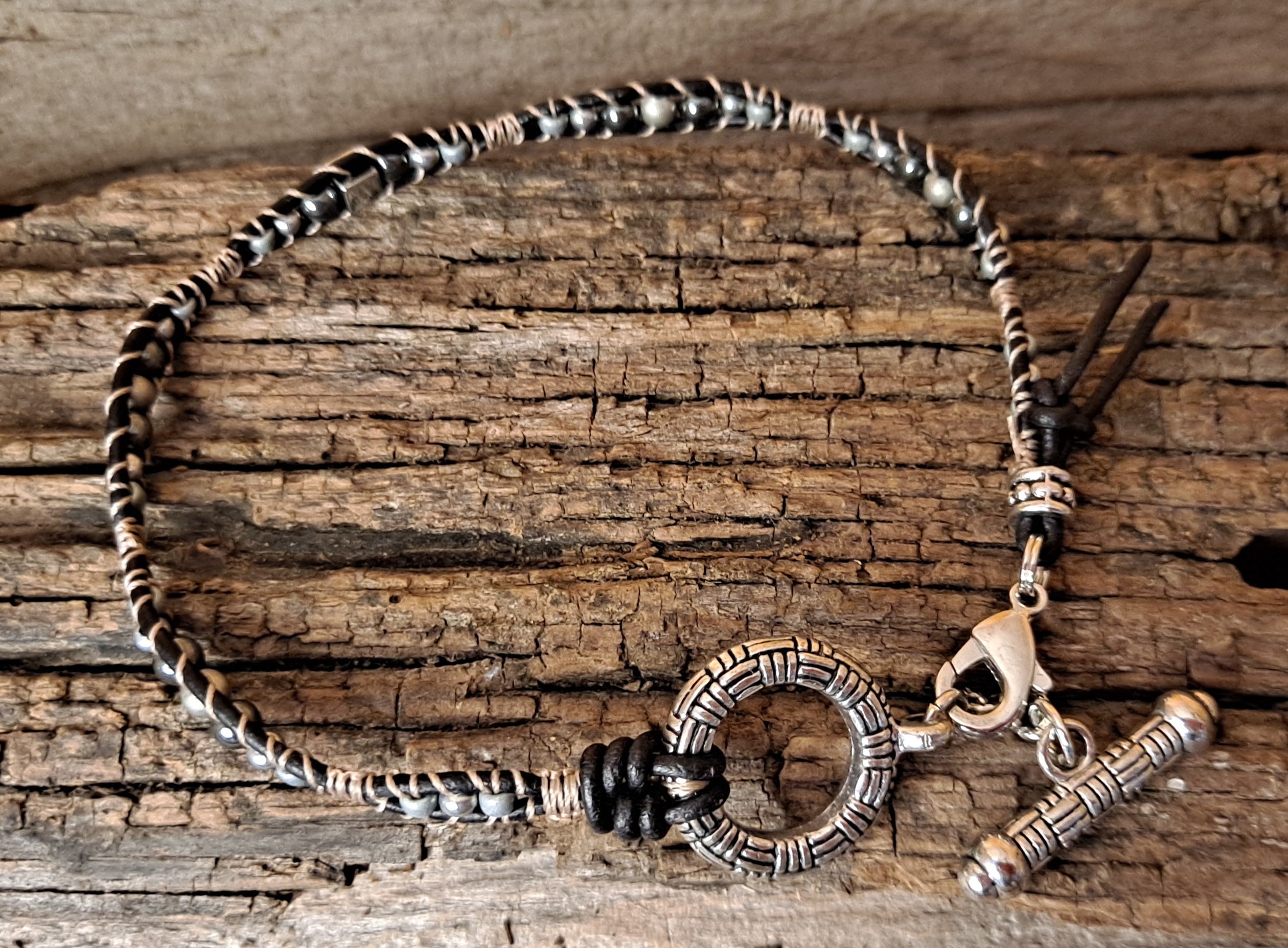 Anklet Handmade, Single Wrap Leather Anklet, Hemalyke Beads (C07)