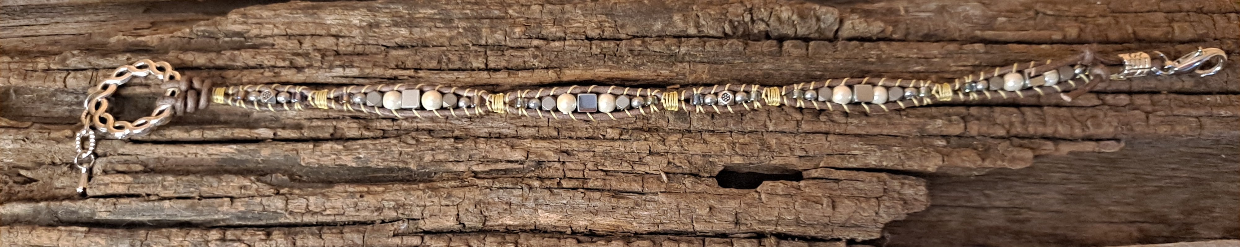 Anklet Handmade, Single Wrap Leather Anklet, Pearl Beads (C45)