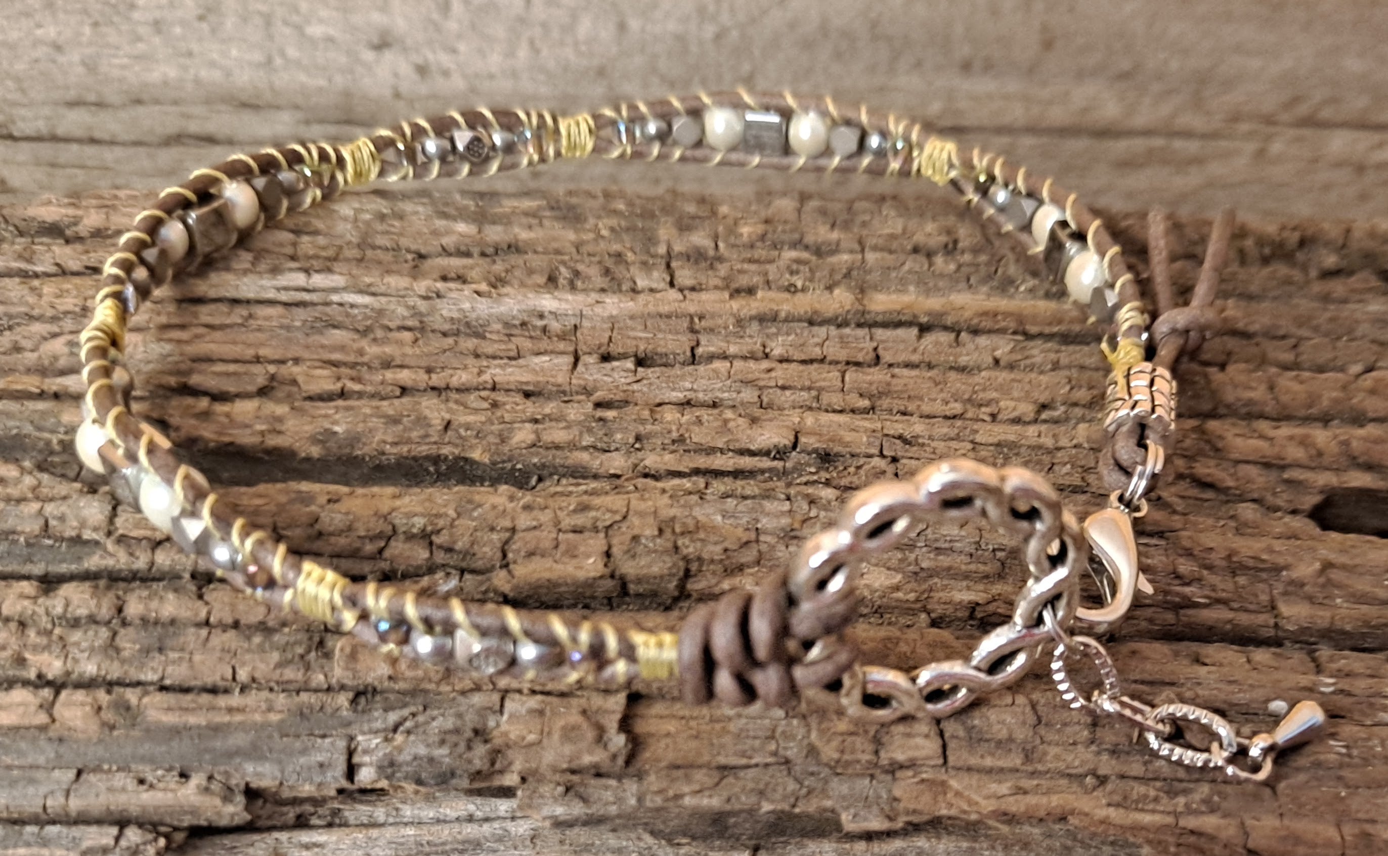 Anklet Handmade, Single Wrap Leather Anklet, Pearl Beads (C45)