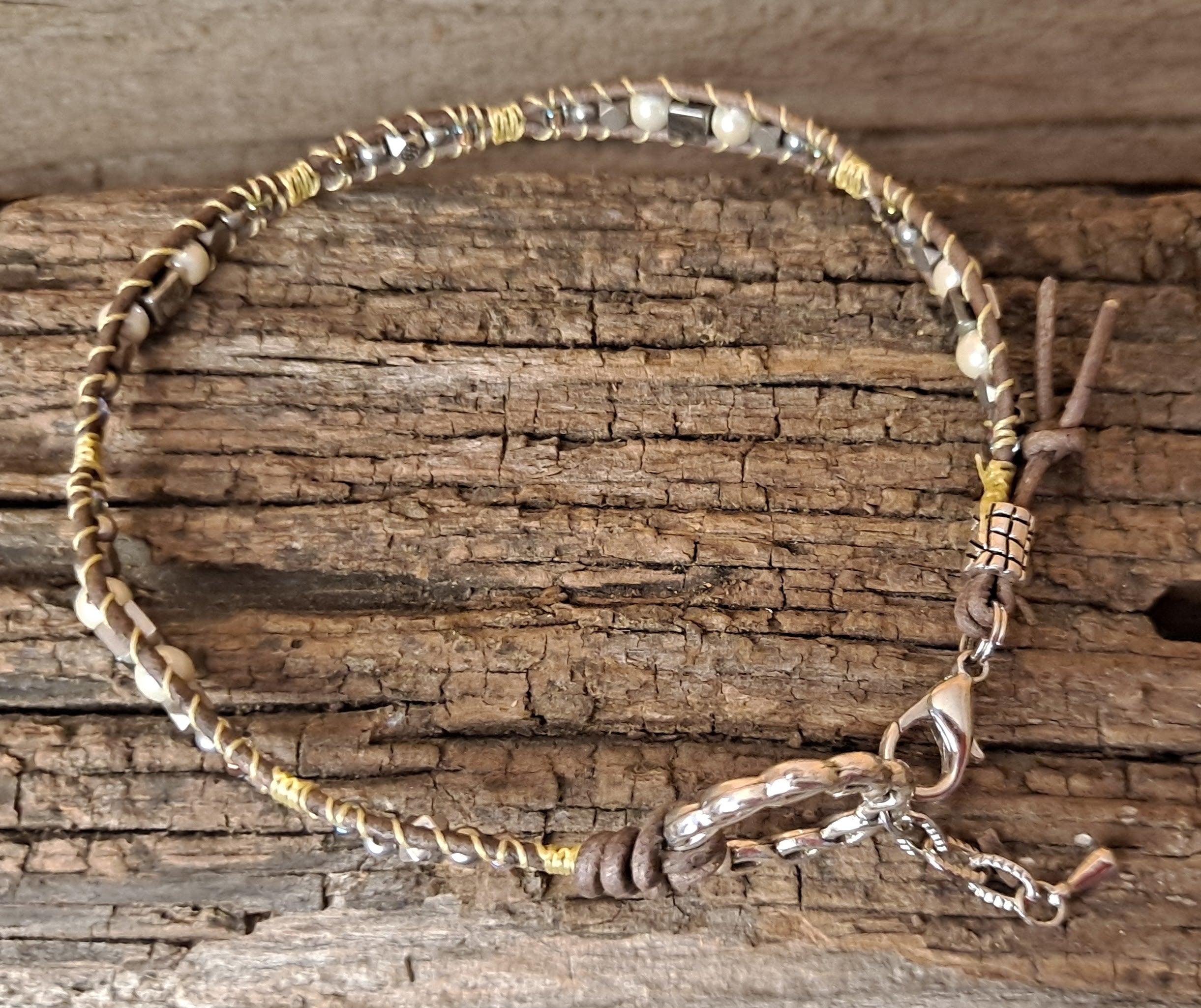 Anklet Handmade, Single Wrap Leather Anklet, Pearl Beads (C45)