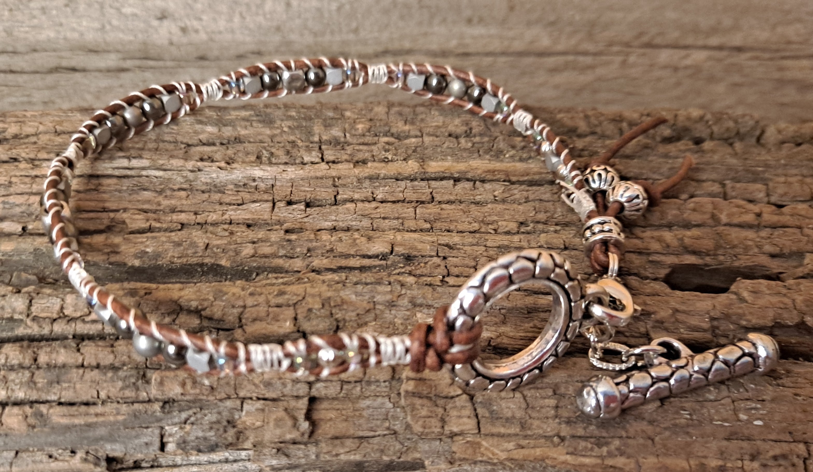 Anklet Handmade, Single Wrap Leather Anklet, Hematite Beads (E15)