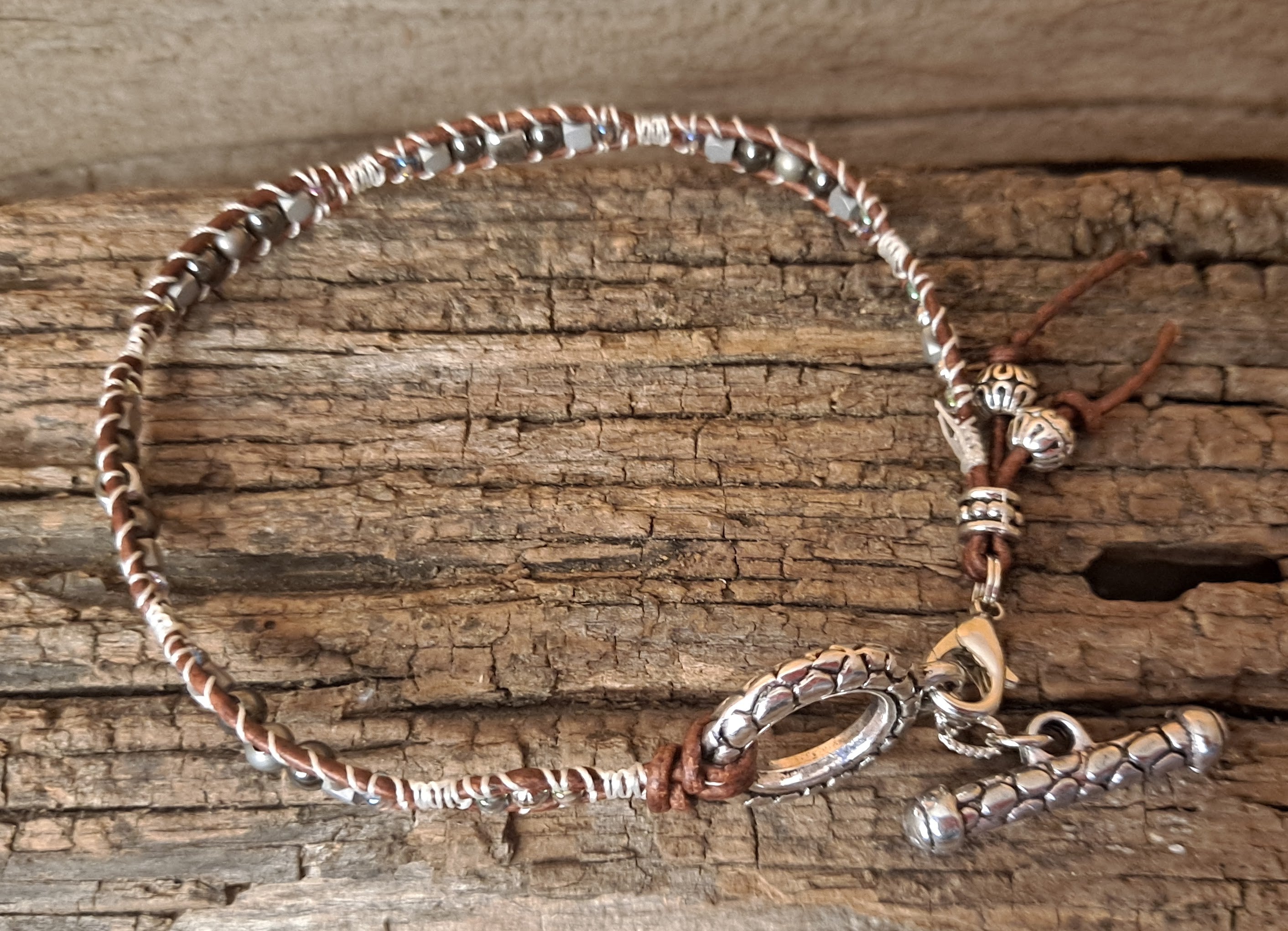 Anklet Handmade, Single Wrap Leather Anklet, Hematite Beads (E15)