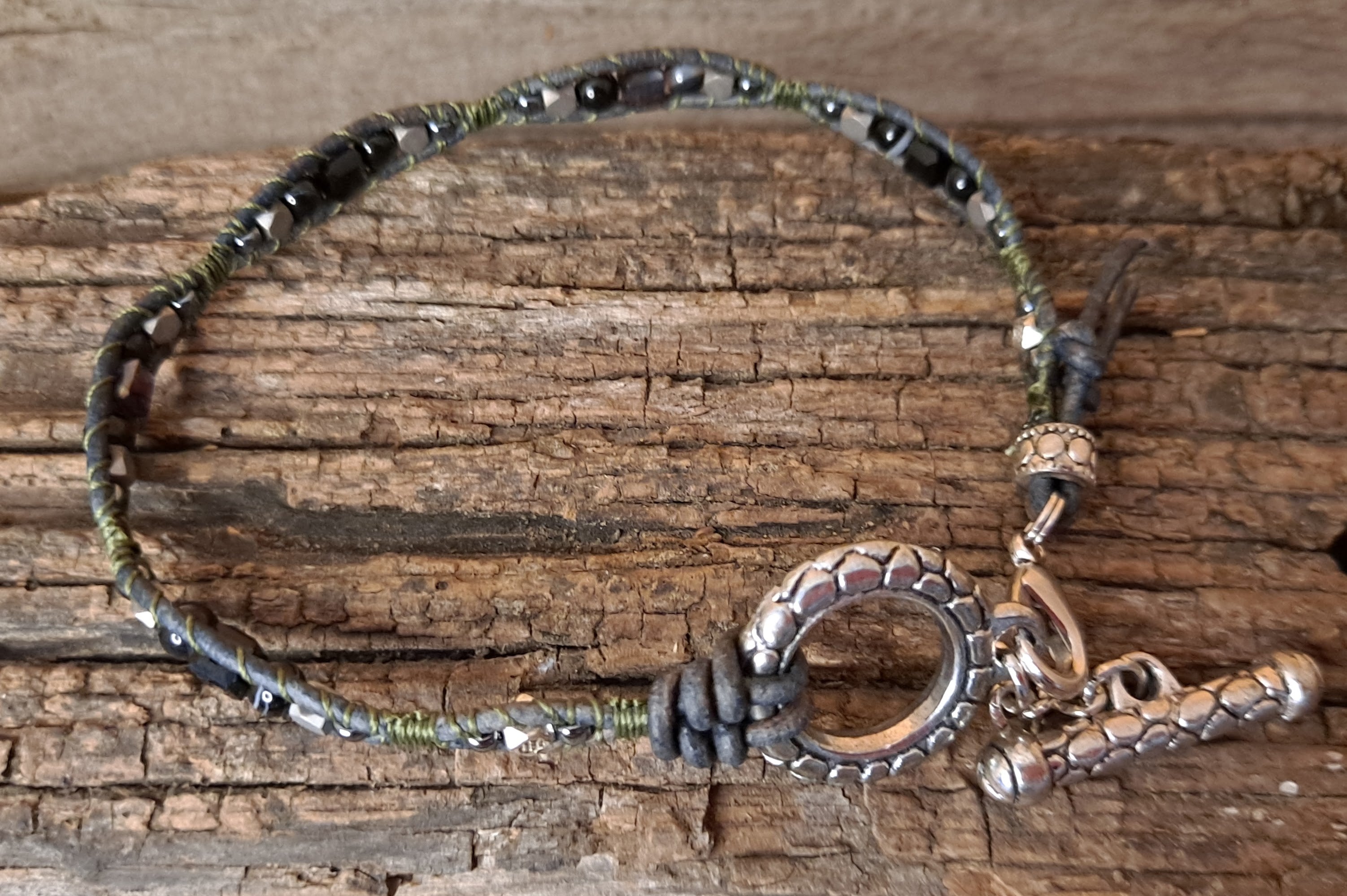 Anklet Handmade, Single Wrap Leather Anklet, Sardonyx Beads (E41)