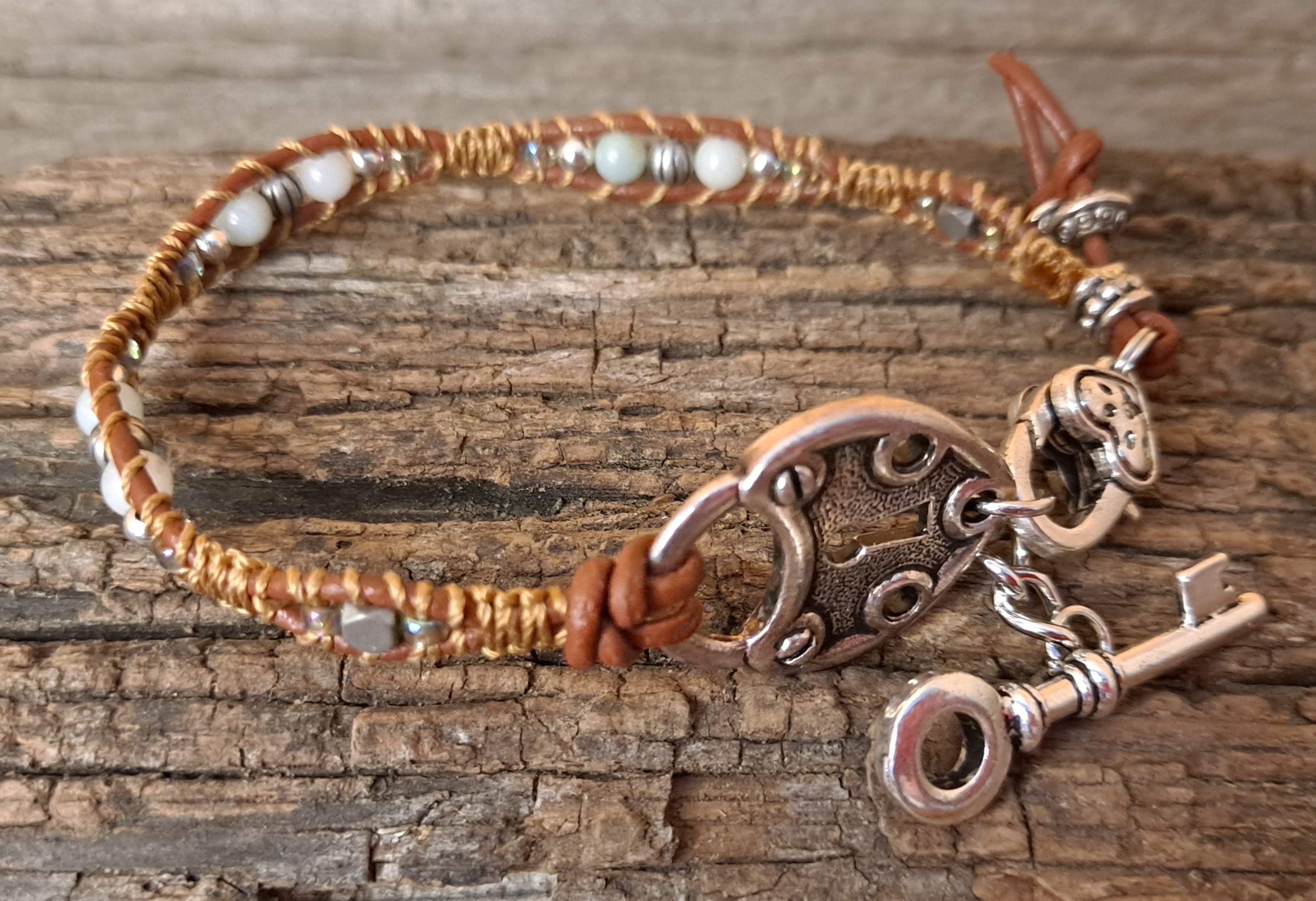 Bracelet Handmade, Single Wrap Leather Bracelet, Amazonite Beads (C31)