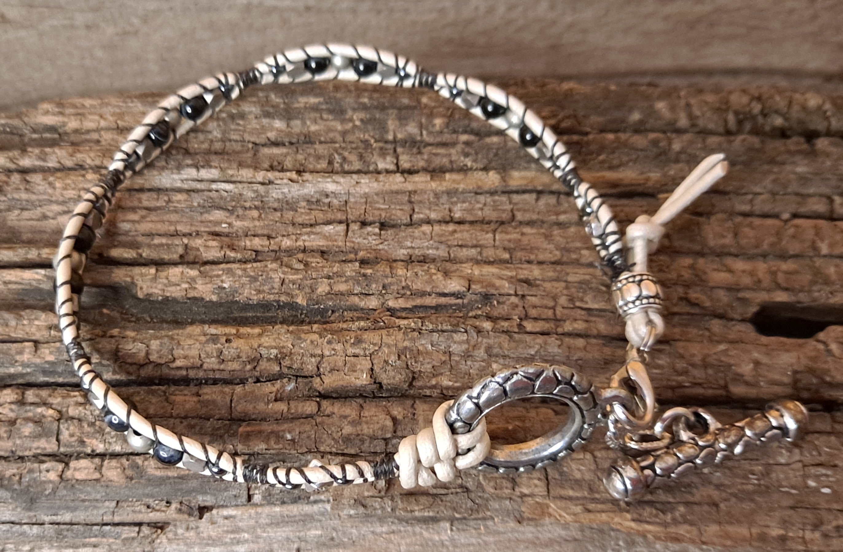 Anklet Handmade, Single Wrap Leather Anklet, Sardonyx Beads (B26)