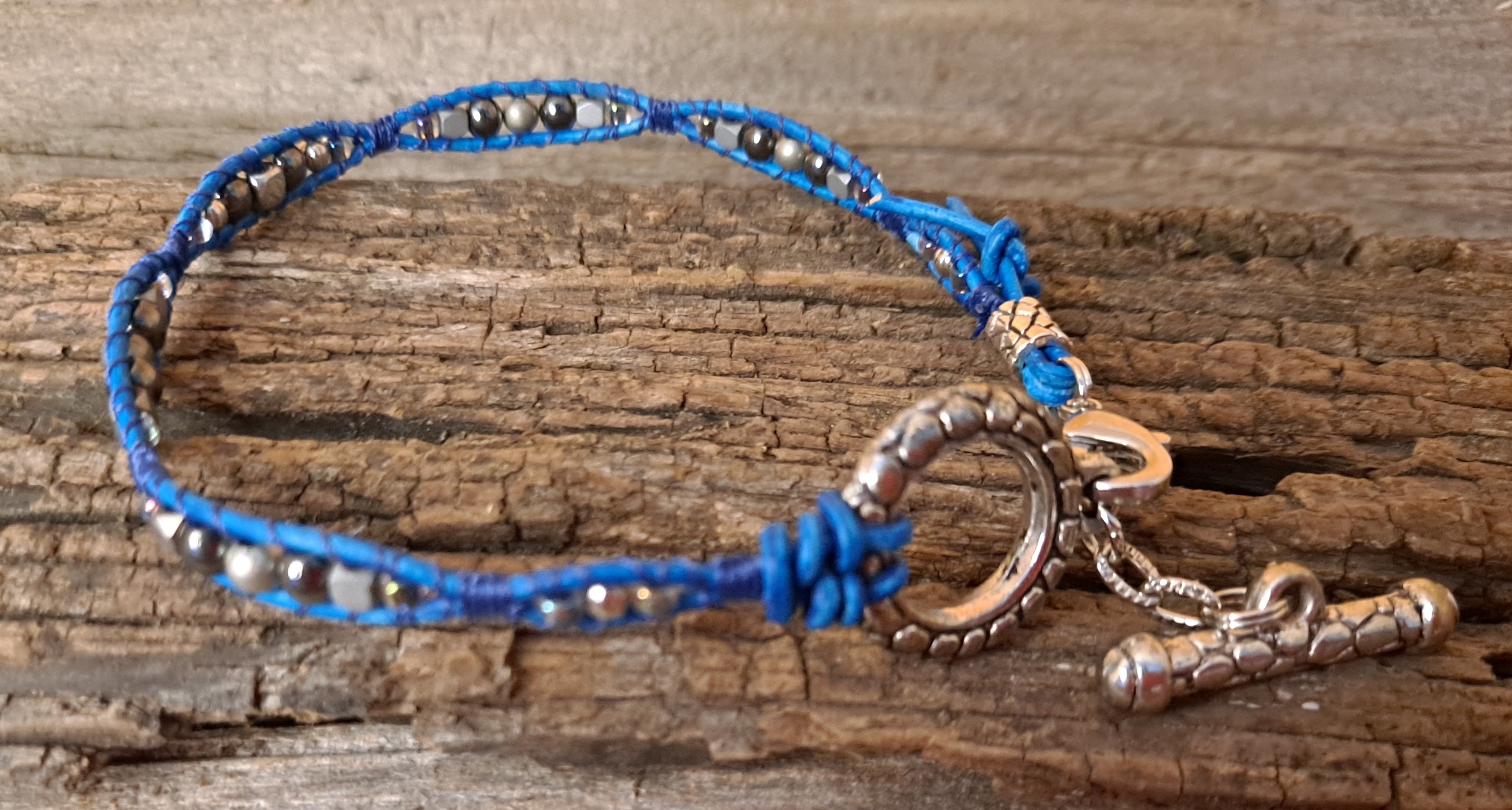 Anklet Handmade, Single Wrap Leather Anklet, Hematite Beads (E53)
