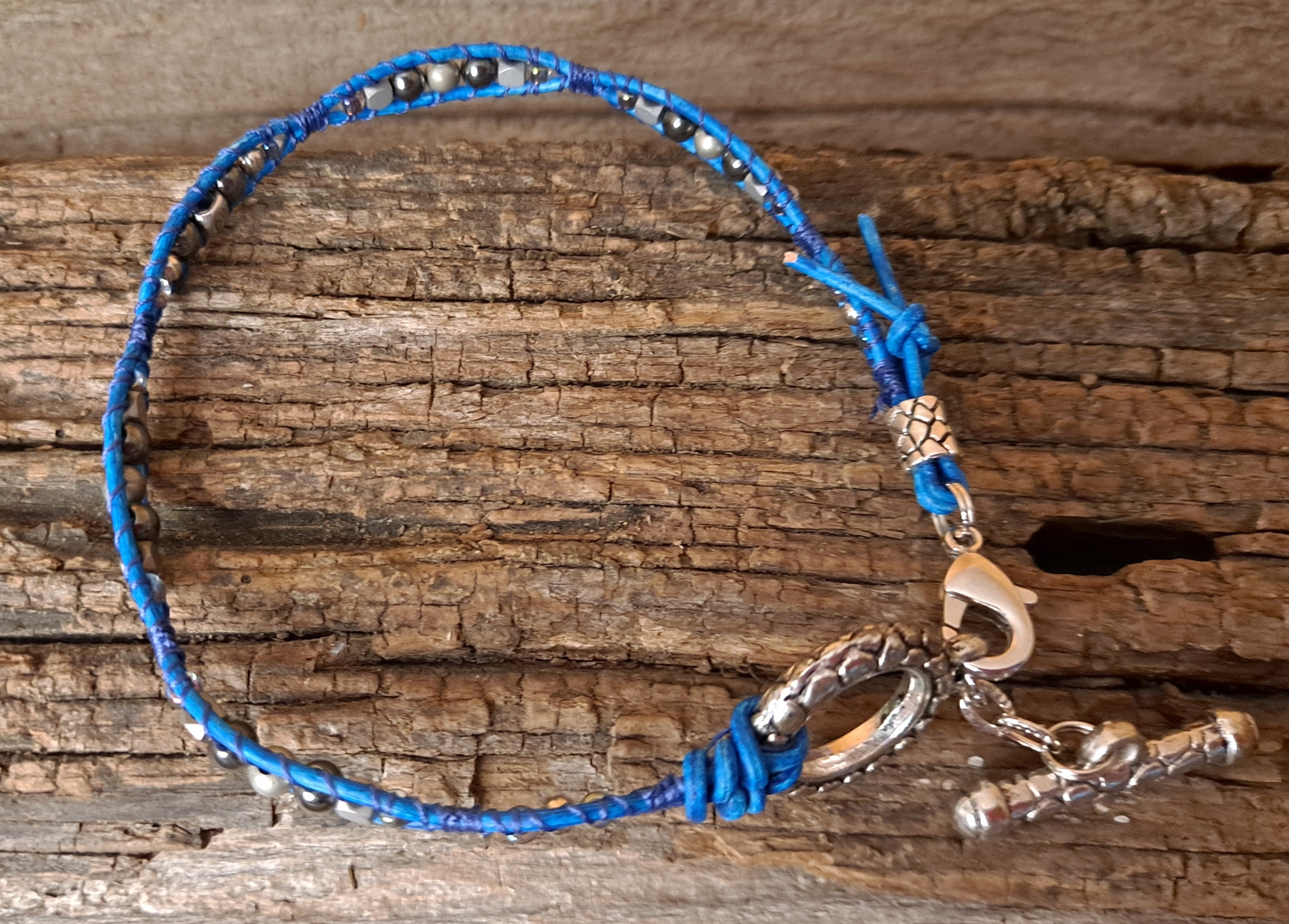 Anklet Handmade, Single Wrap Leather Anklet, Hematite Beads (E53)