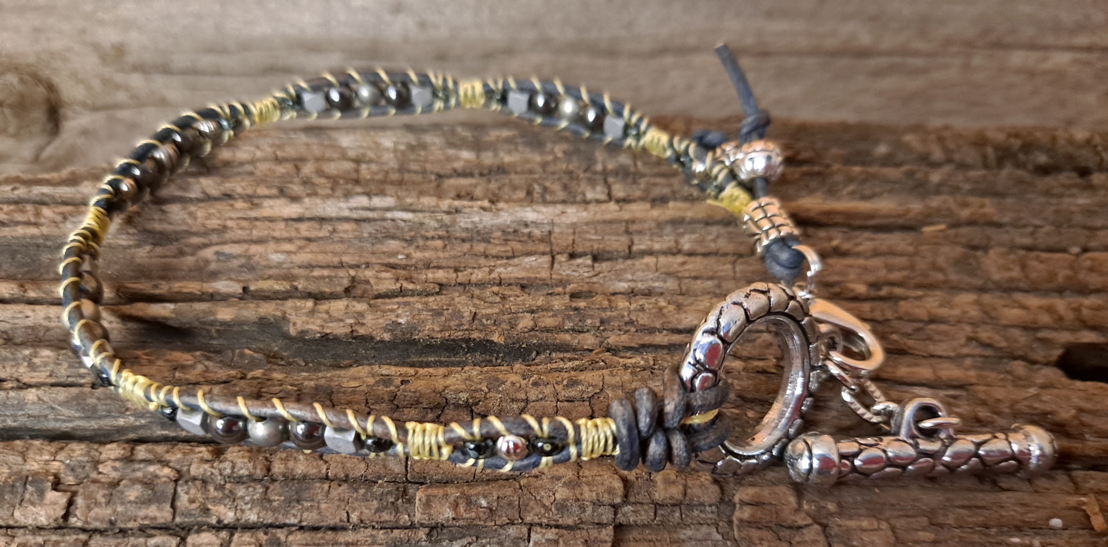 Anklet Handmade, Single Wrap Leather Anklet, Hematite Beads (E17)