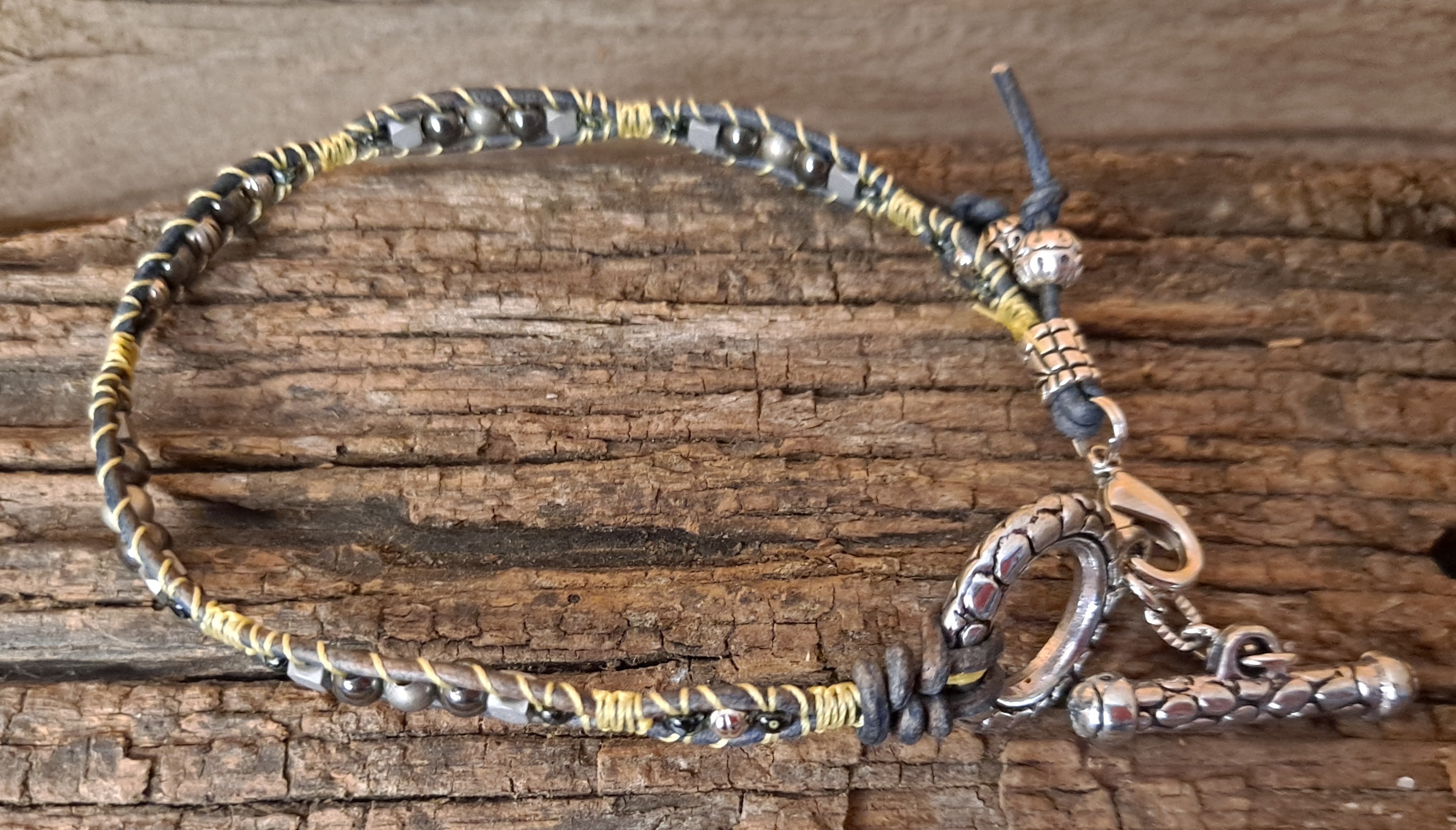 Anklet Handmade, Single Wrap Leather Anklet, Hematite Beads (E17)