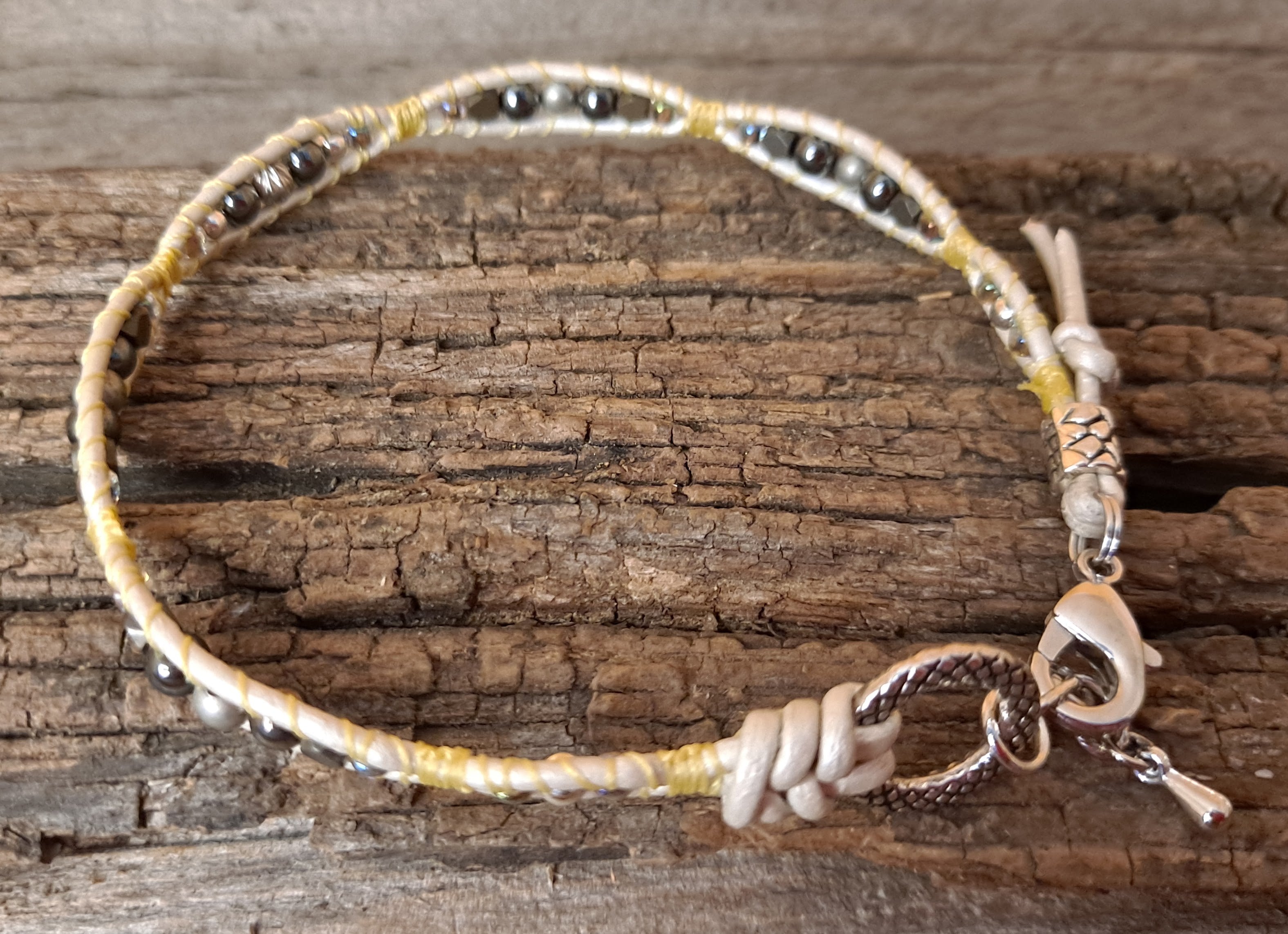 Anklet Handmade, Single Wrap Leather Anklet, Hematite Beads (C38)