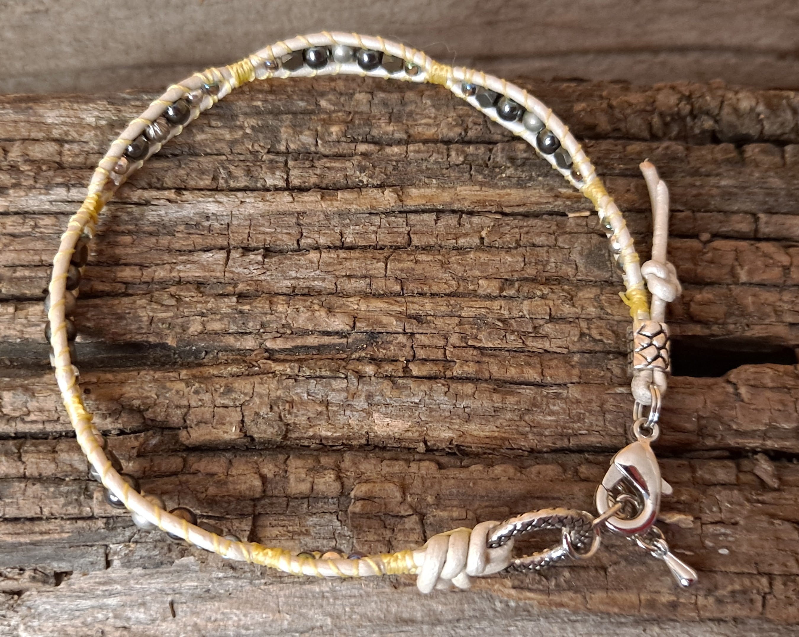 Anklet Handmade, Single Wrap Leather Anklet, Hematite Beads (C38)