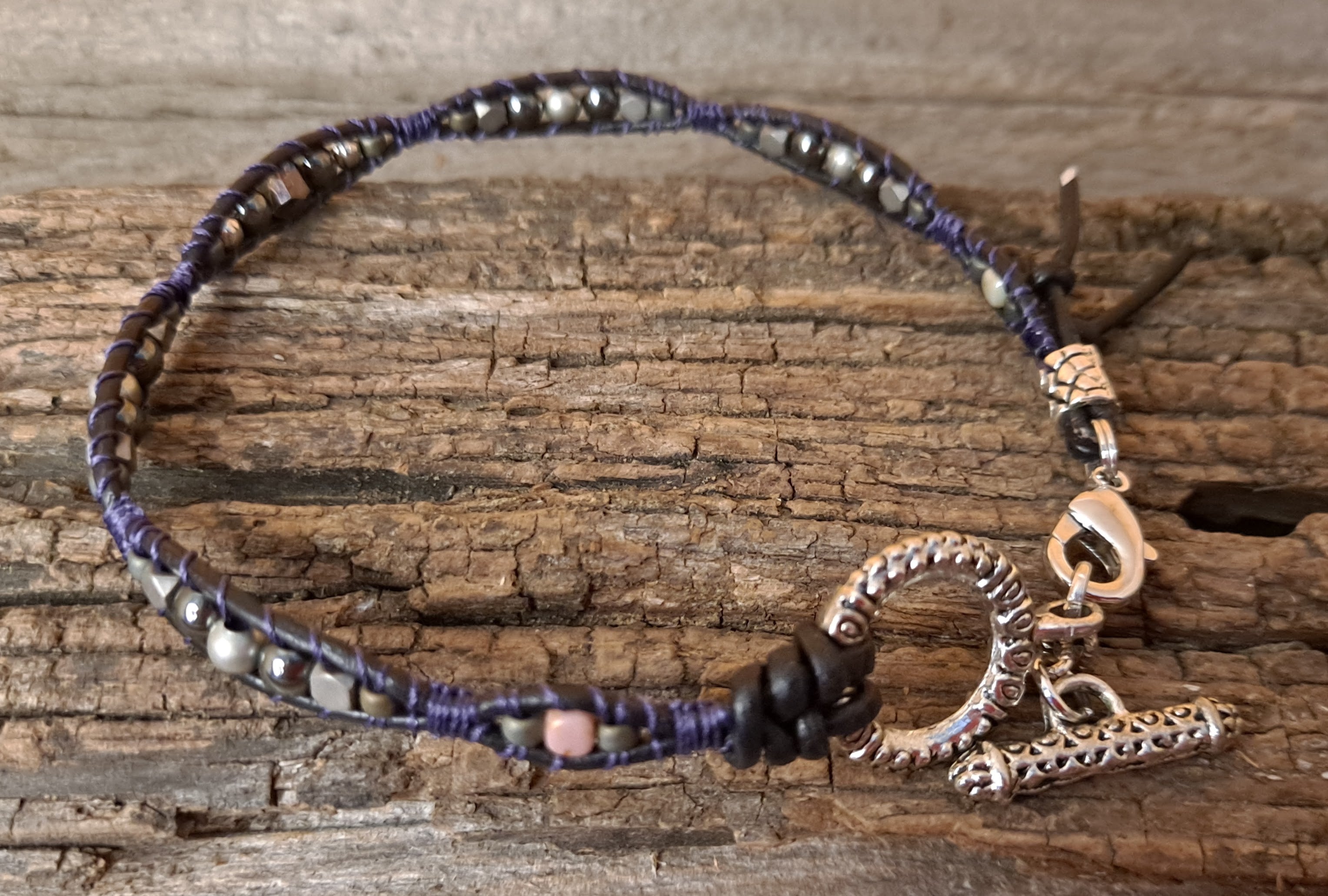 Anklet Handmade, Single Wrap Leather Anklet, Hematite Beads (E13)
