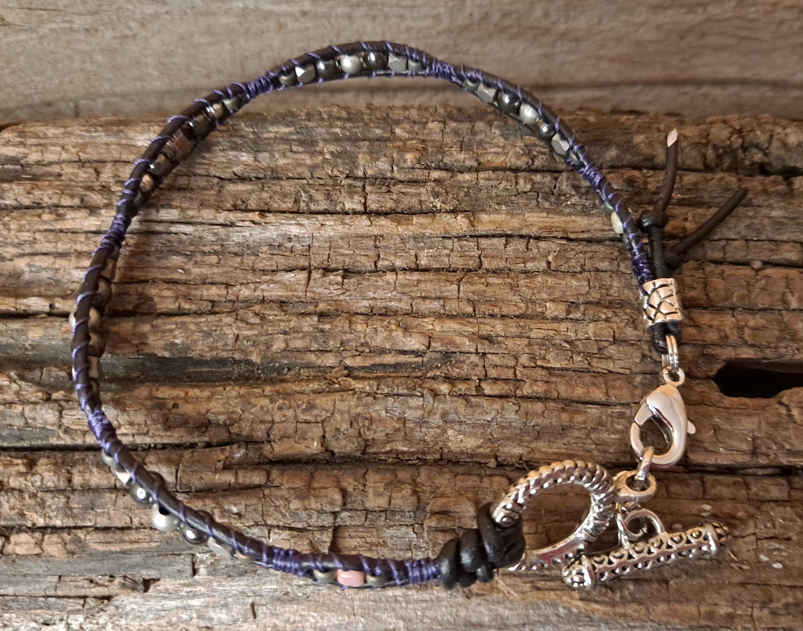 Anklet Handmade, Single Wrap Leather Anklet, Hematite Beads (E13)