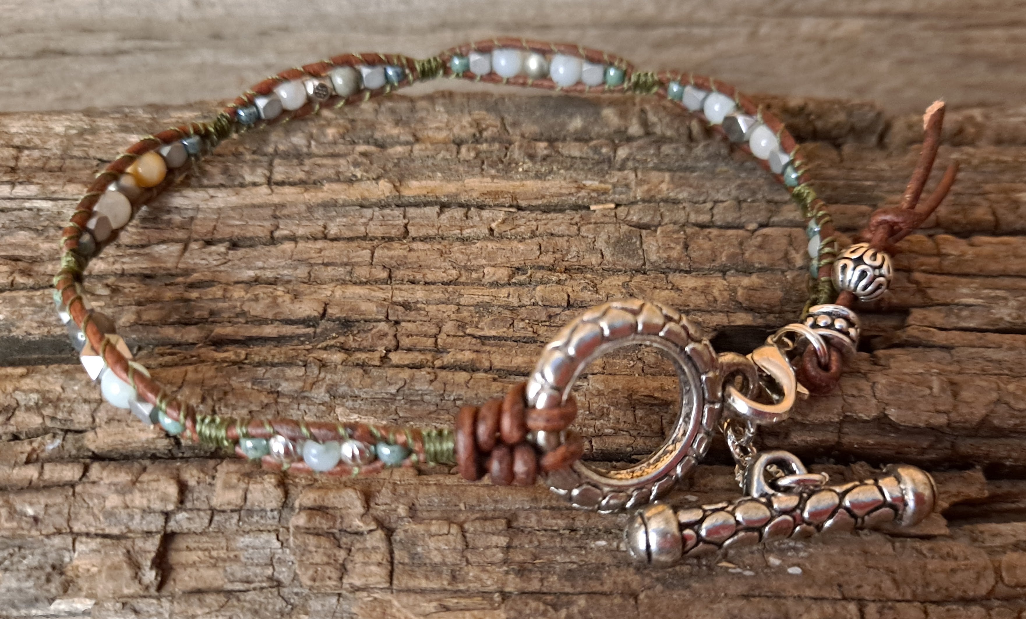 Anklet Handmade, Single Wrap Leather Anklet, Amazonite Beads (C34)