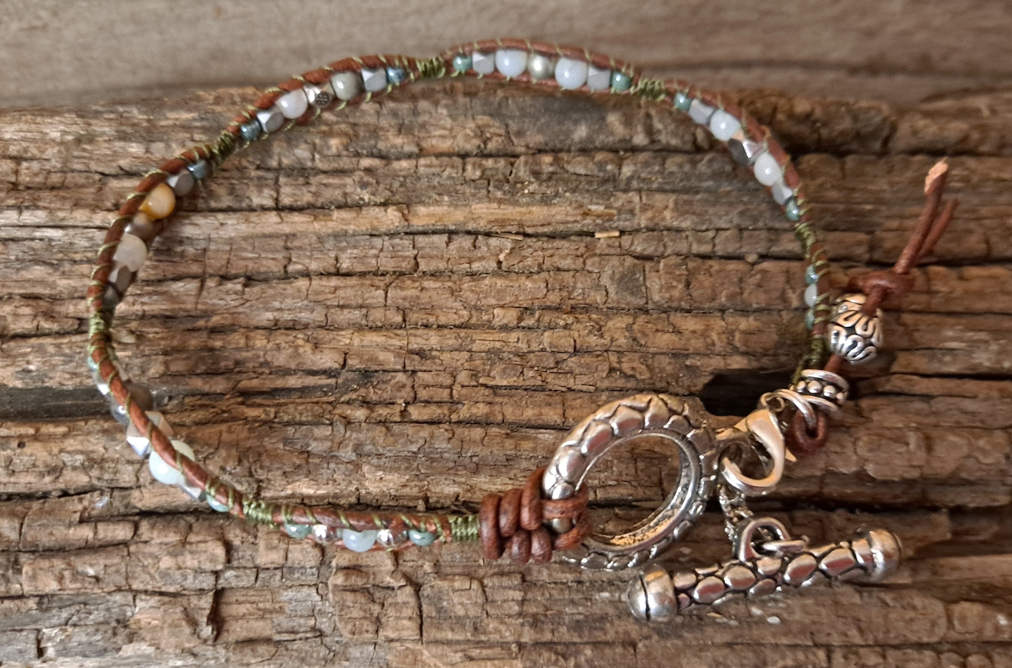 Anklet Handmade, Single Wrap Leather Anklet, Amazonite Beads (C34)