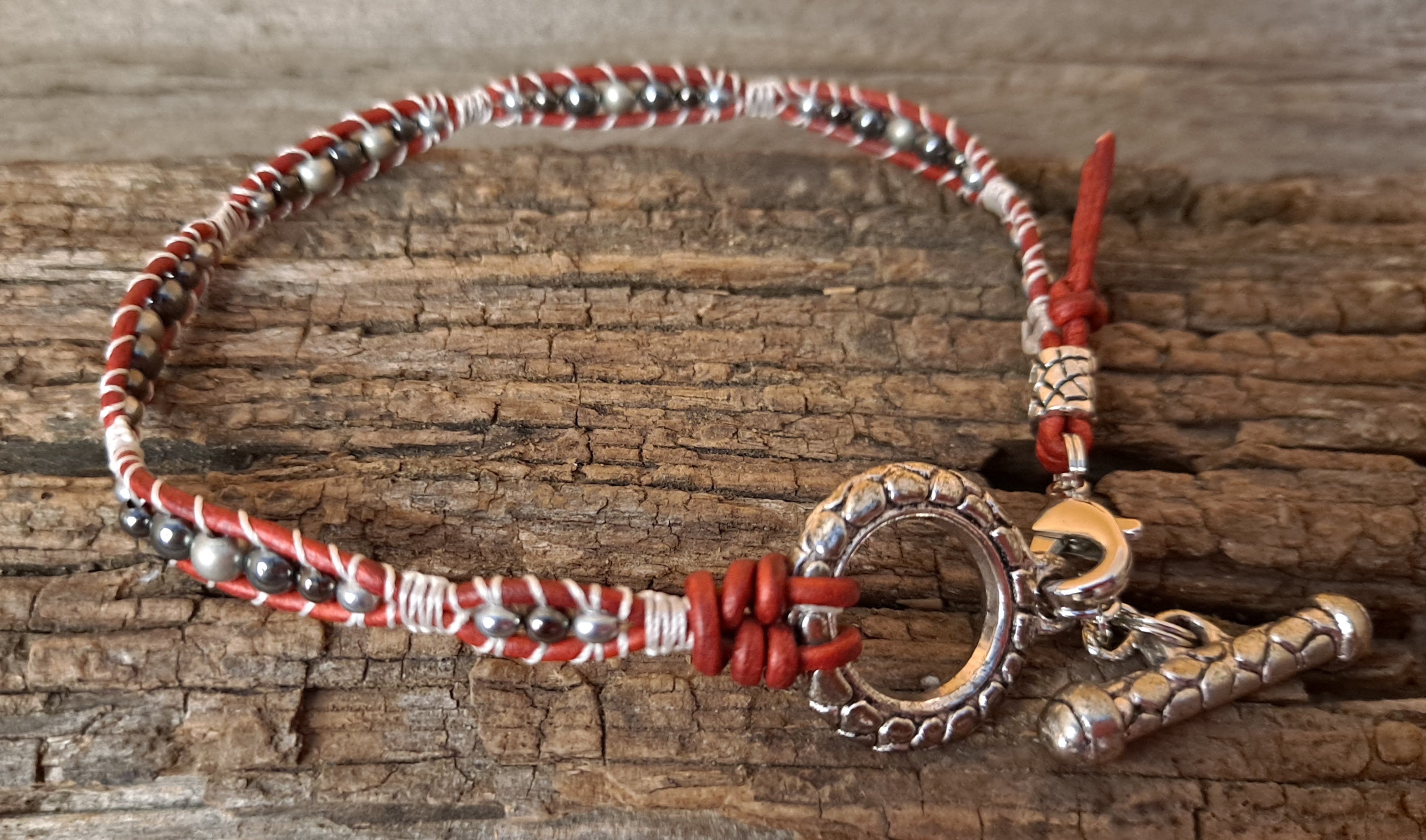 Anklet Handmade, Single Wrap Leather Anklet, Hemalyke Beads (C37)
