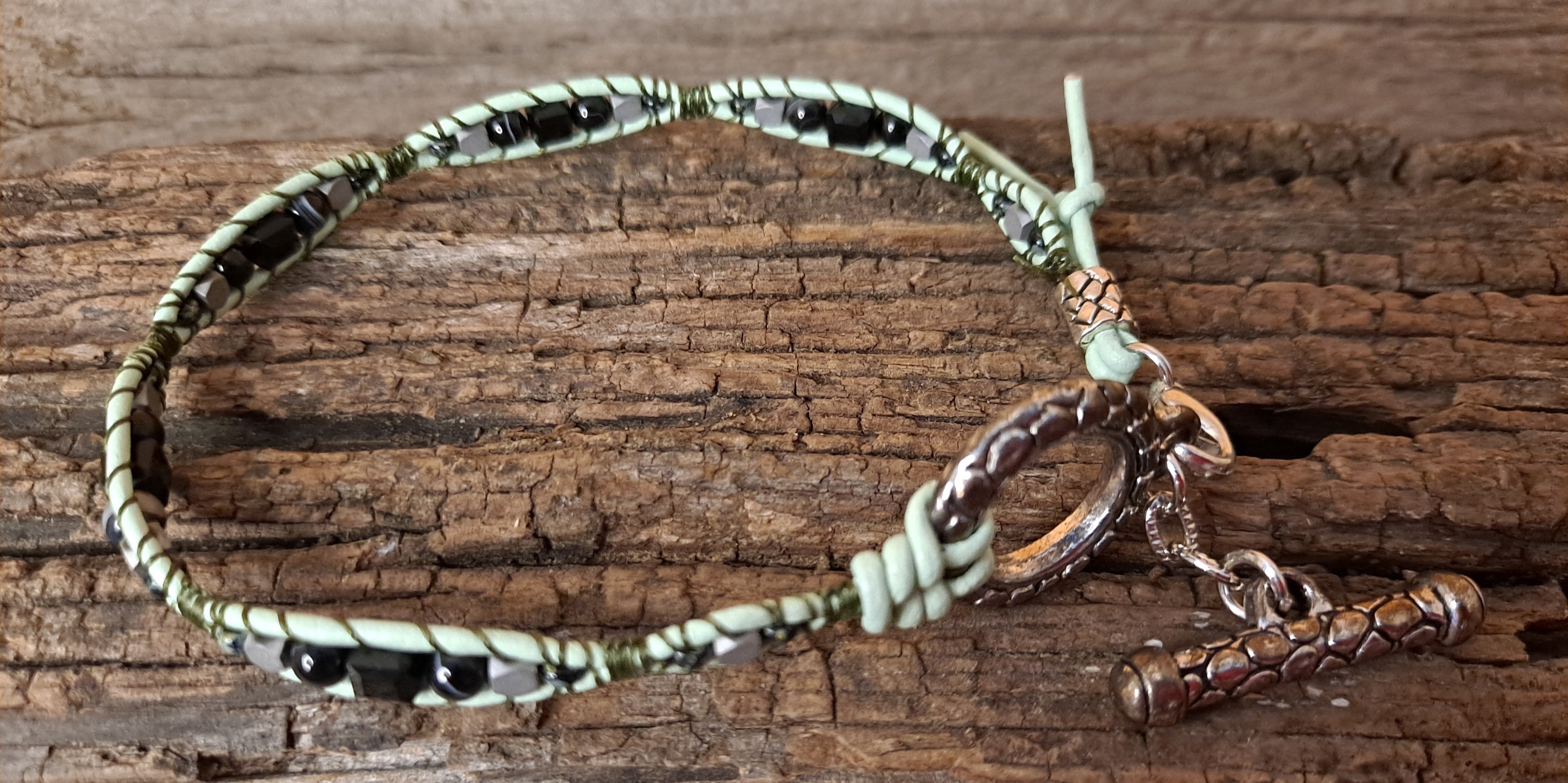 Anklet Handmade, Single Wrap Leather Anklet, Sardonyx Beads (E05)