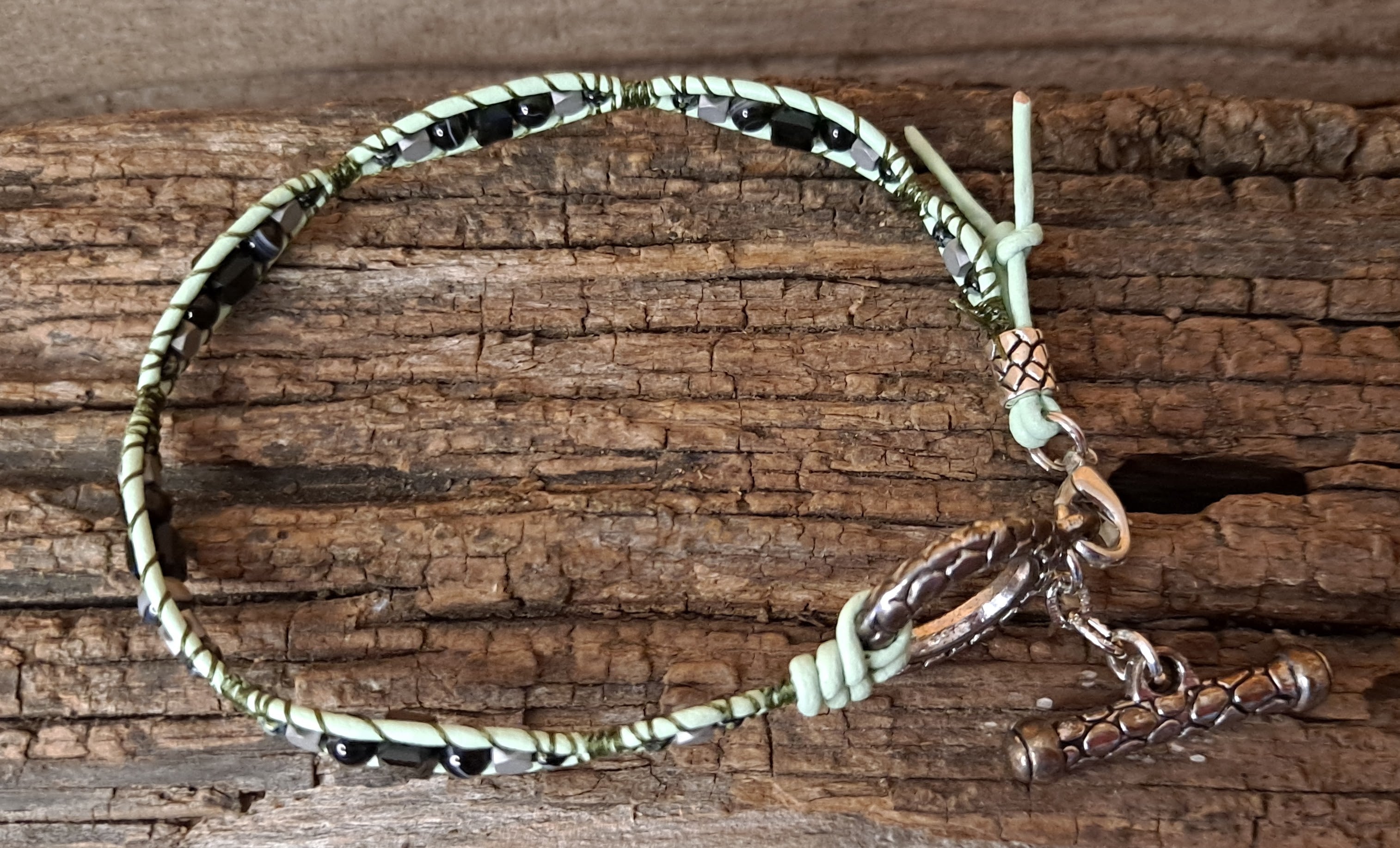 Anklet Handmade, Single Wrap Leather Anklet, Sardonyx Beads (E05)