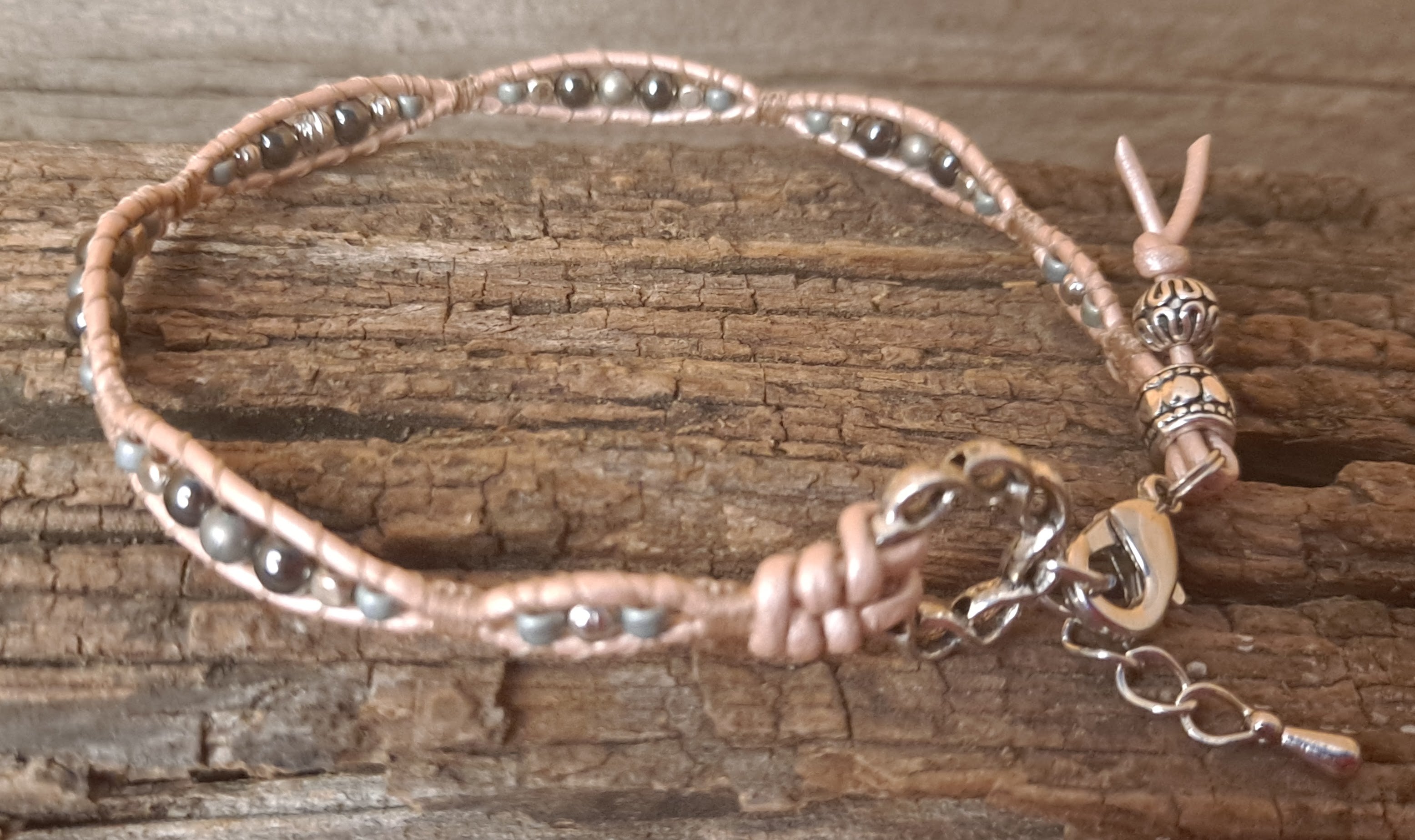 Anklet Handmade, Single Wrap Leather Anklet, Hematite Beads (C01)
