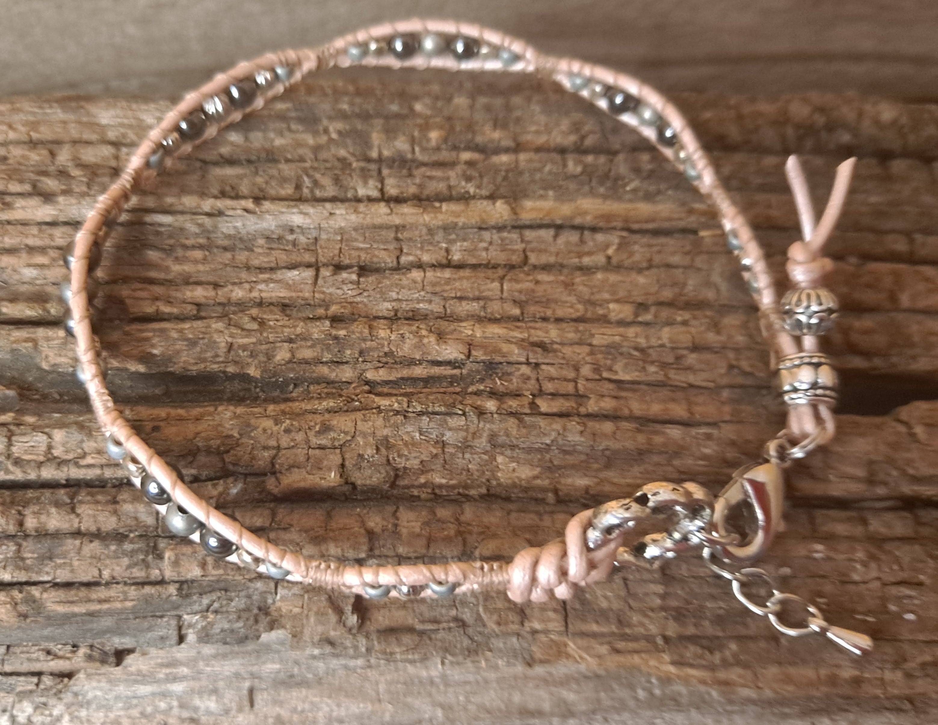 Anklet Handmade, Single Wrap Leather Anklet, Hematite Beads (C01)