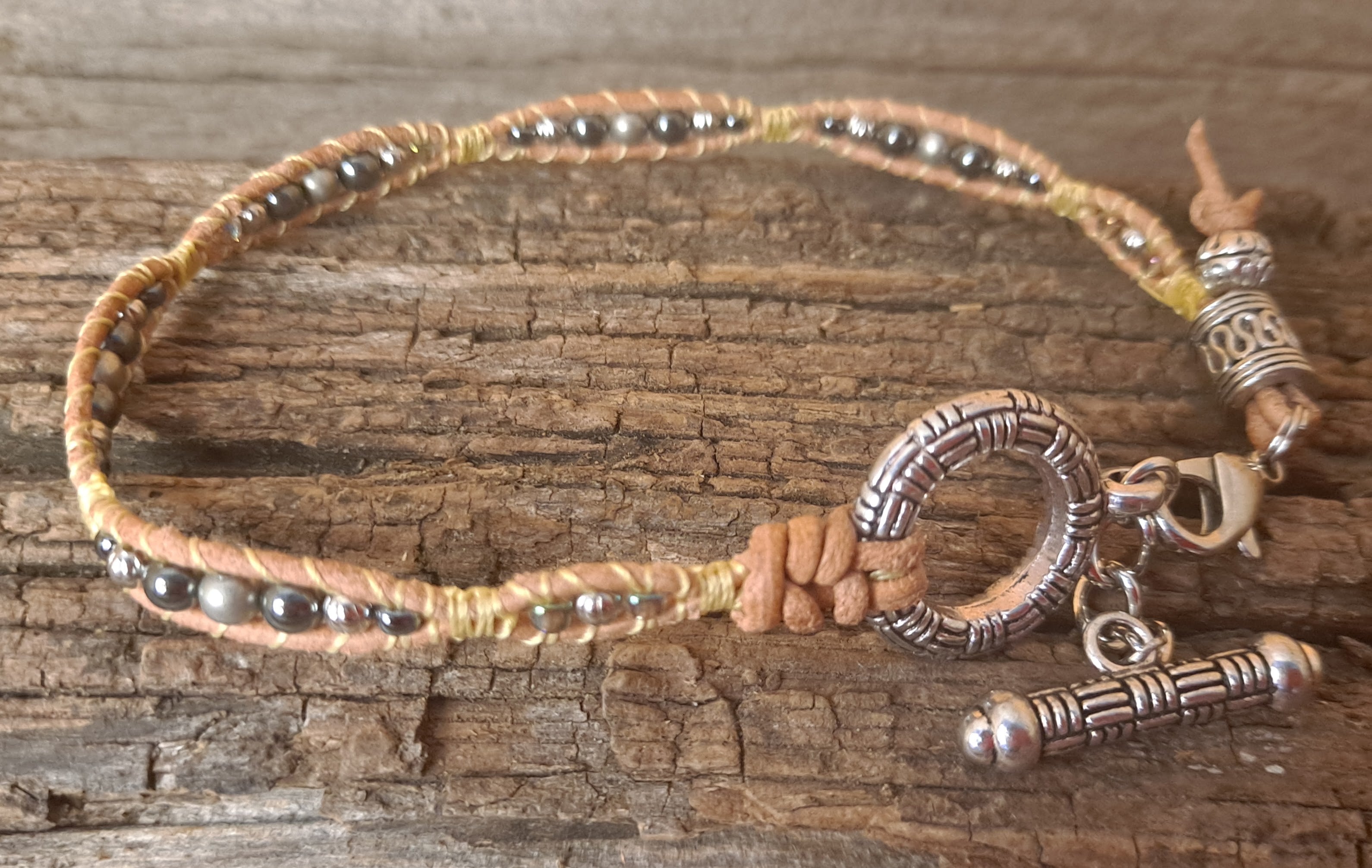 Anklet Handmade, Single Wrap Leather Anklet, Hemalyke Beads (C39)