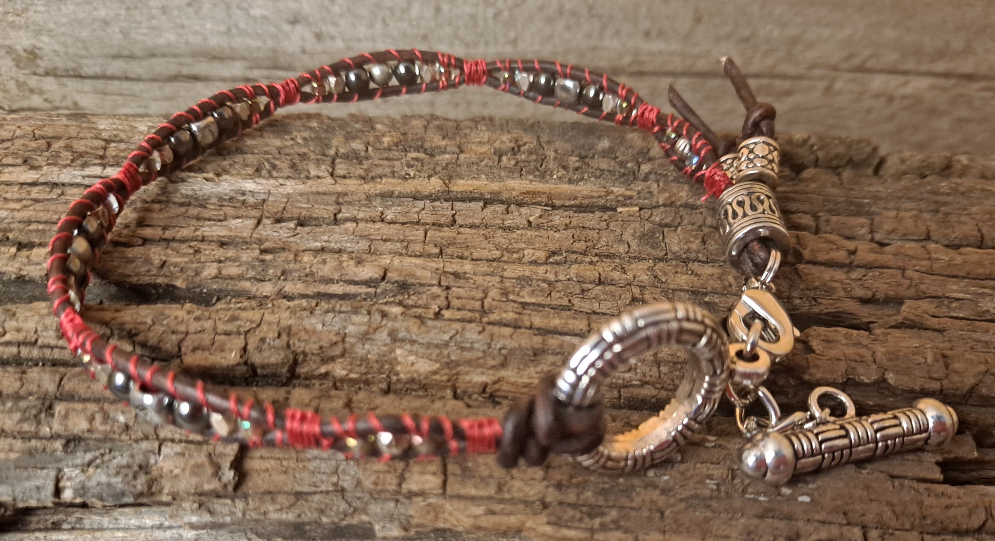 Anklet Handmade, Single Wrap Leather Anklet, Hematite Beads (C03)