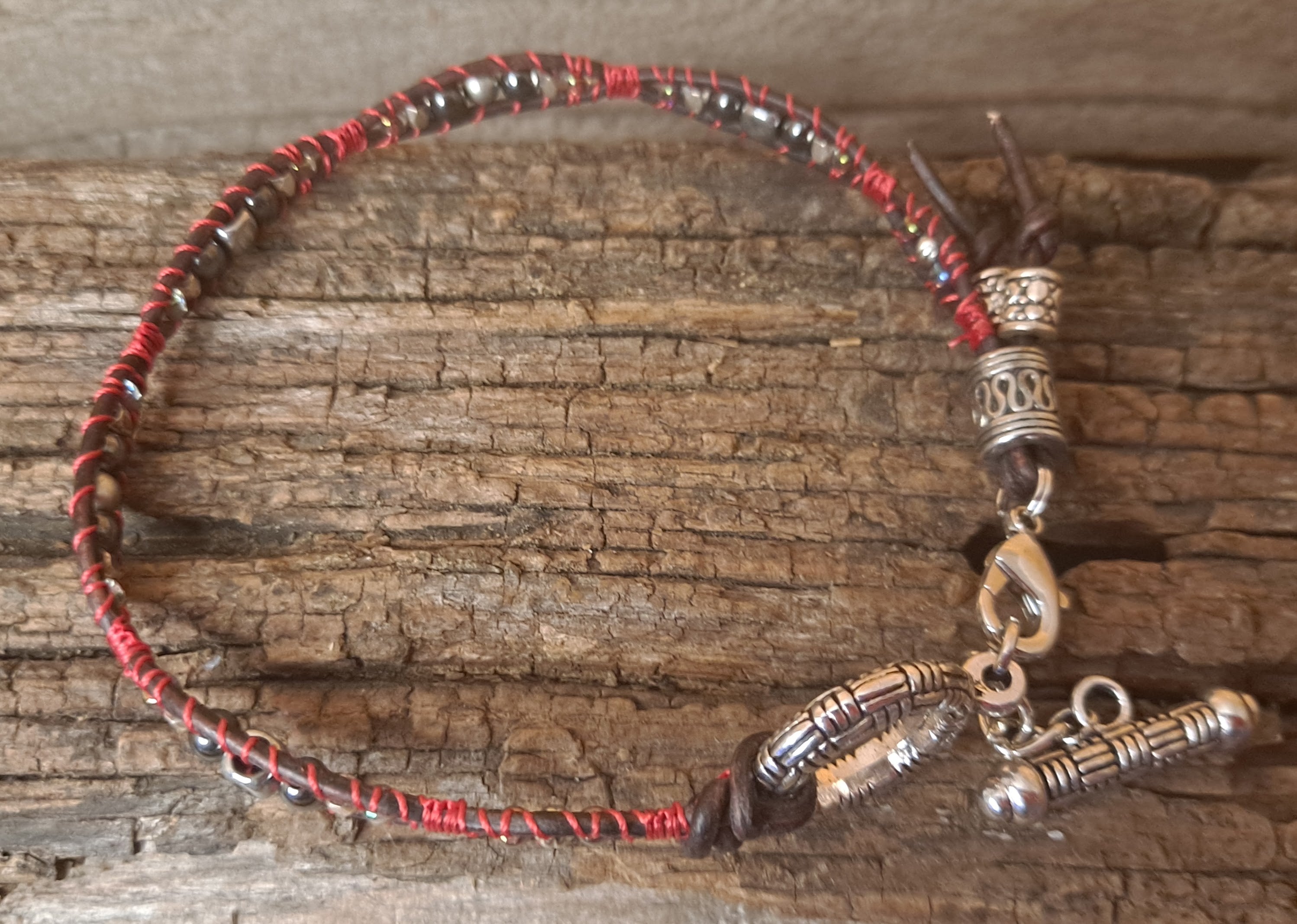 Anklet Handmade, Single Wrap Leather Anklet, Hematite Beads (C03)