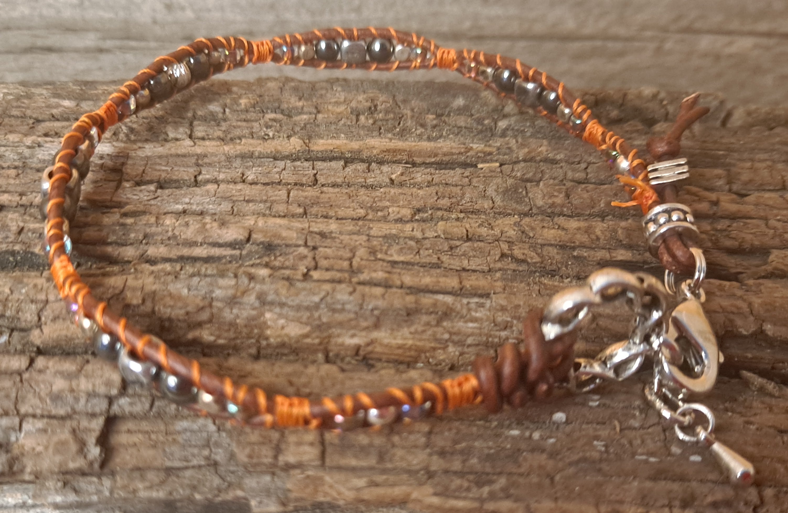 Anklet Handmade, Single Wrap Leather Anklet, Hematite Beads (E47)