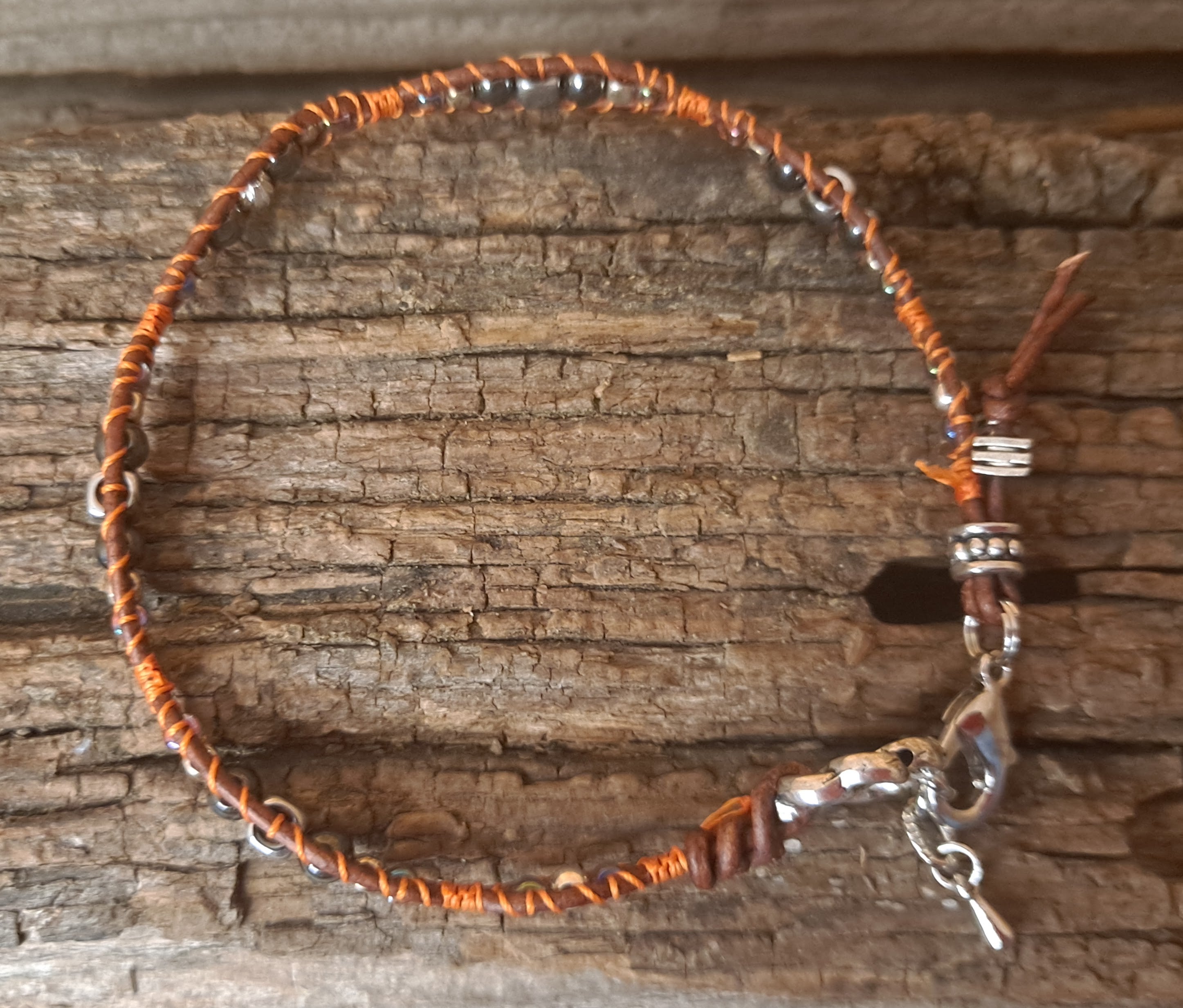 Anklet Handmade, Single Wrap Leather Anklet, Hematite Beads (E47)