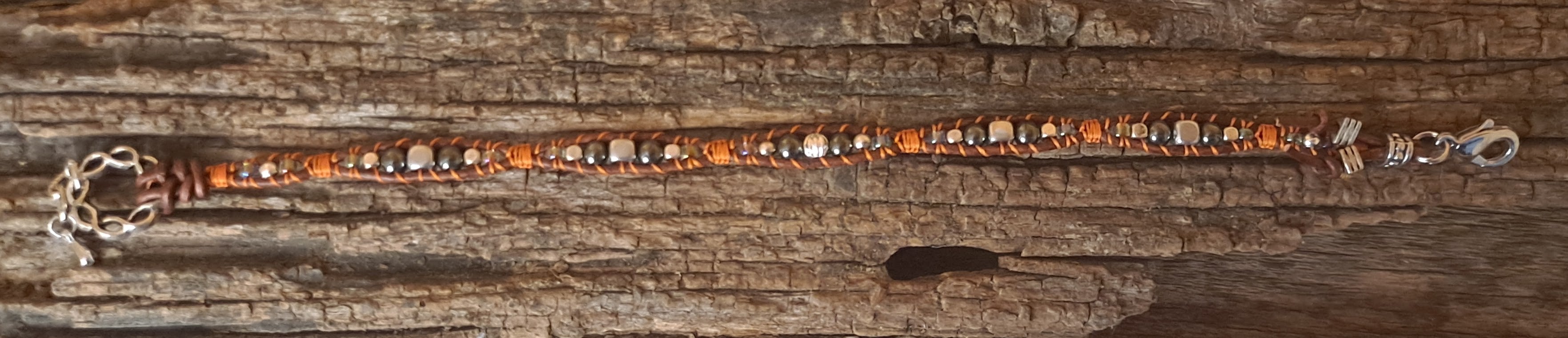 Anklet Handmade, Single Wrap Leather Anklet, Hematite Beads (E47)